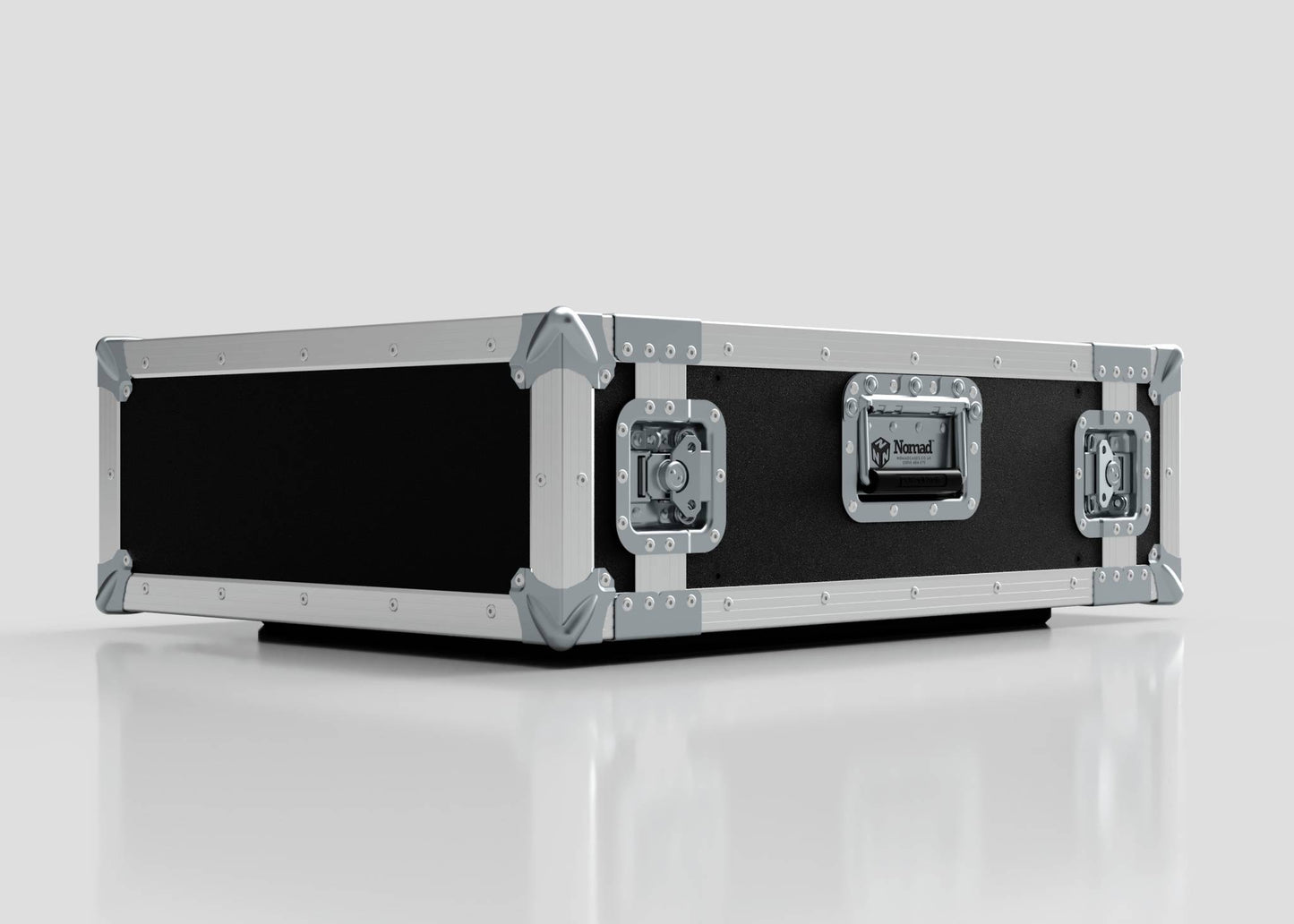 The 4U Standard Rack Case, featuring a sleek black and silver design with reinforced metal corners and sturdy handles, rests on a white surface against a plain background.