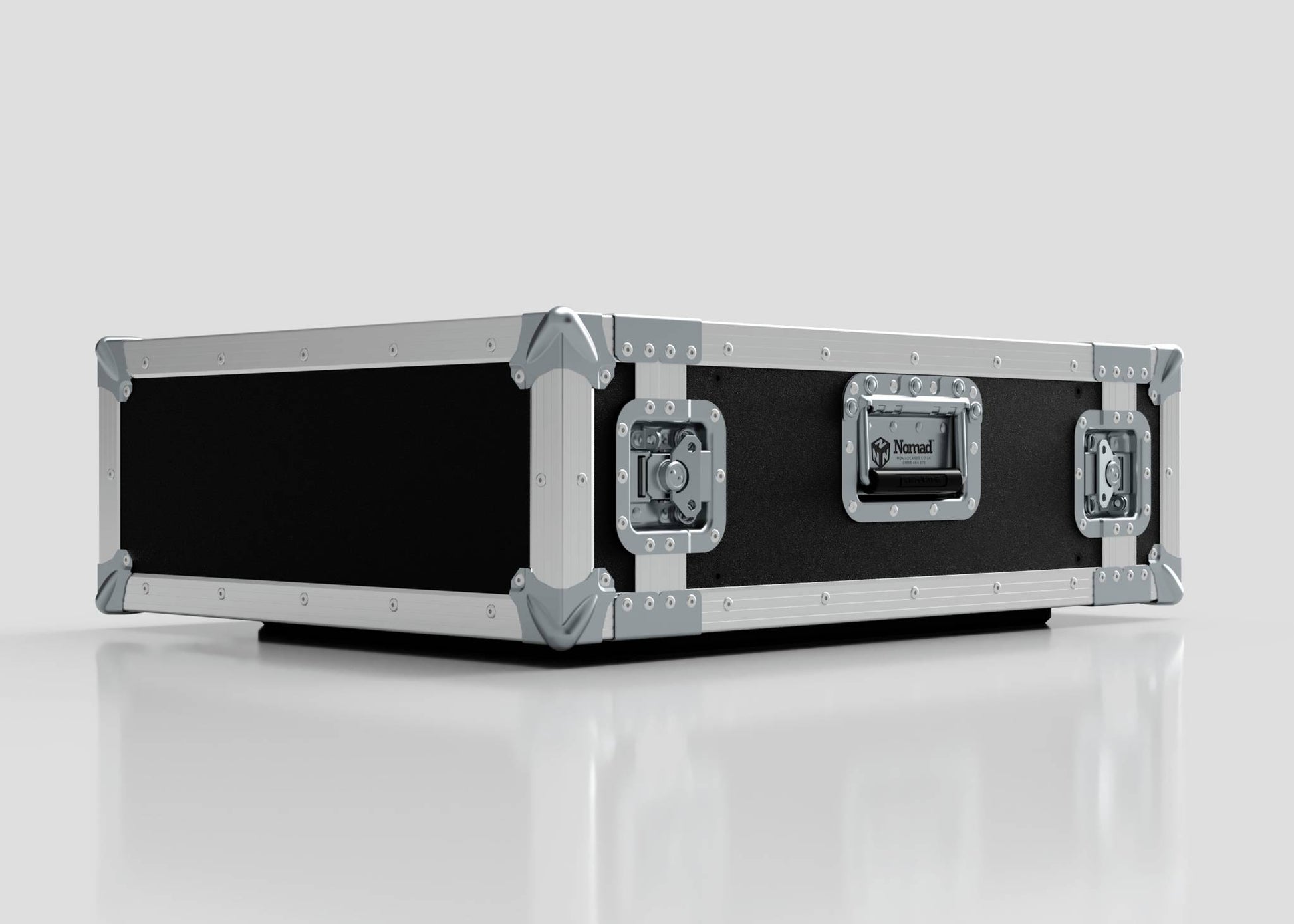 The 4U Standard Rack Case, featuring a sleek black and silver design with reinforced metal corners and sturdy handles, rests on a white surface against a plain background.