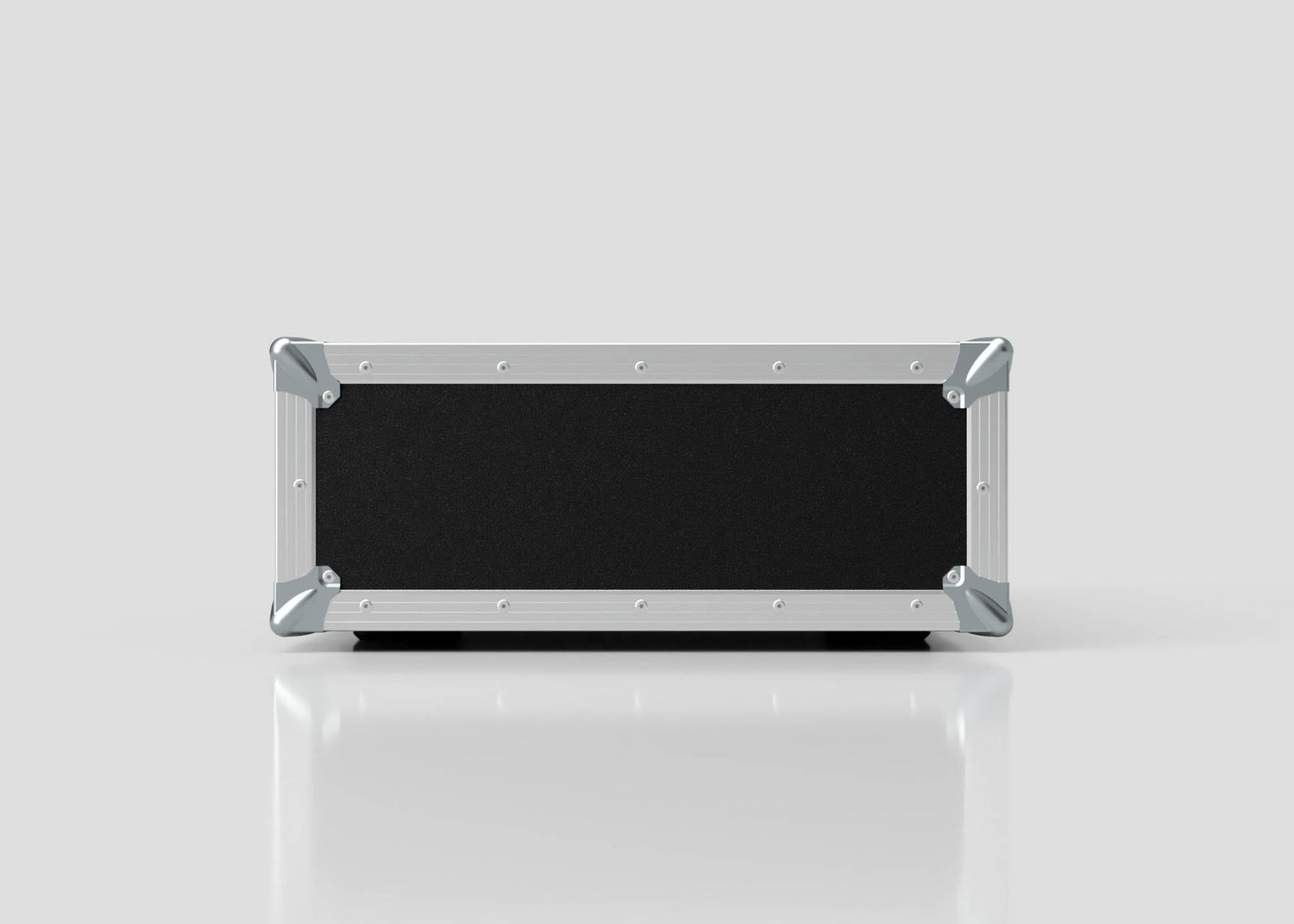 The 4U Standard Rack Case, a black and silver rectangular unit made from durable birch plywood with metal corner protectors, is displayed against a plain light gray background.
