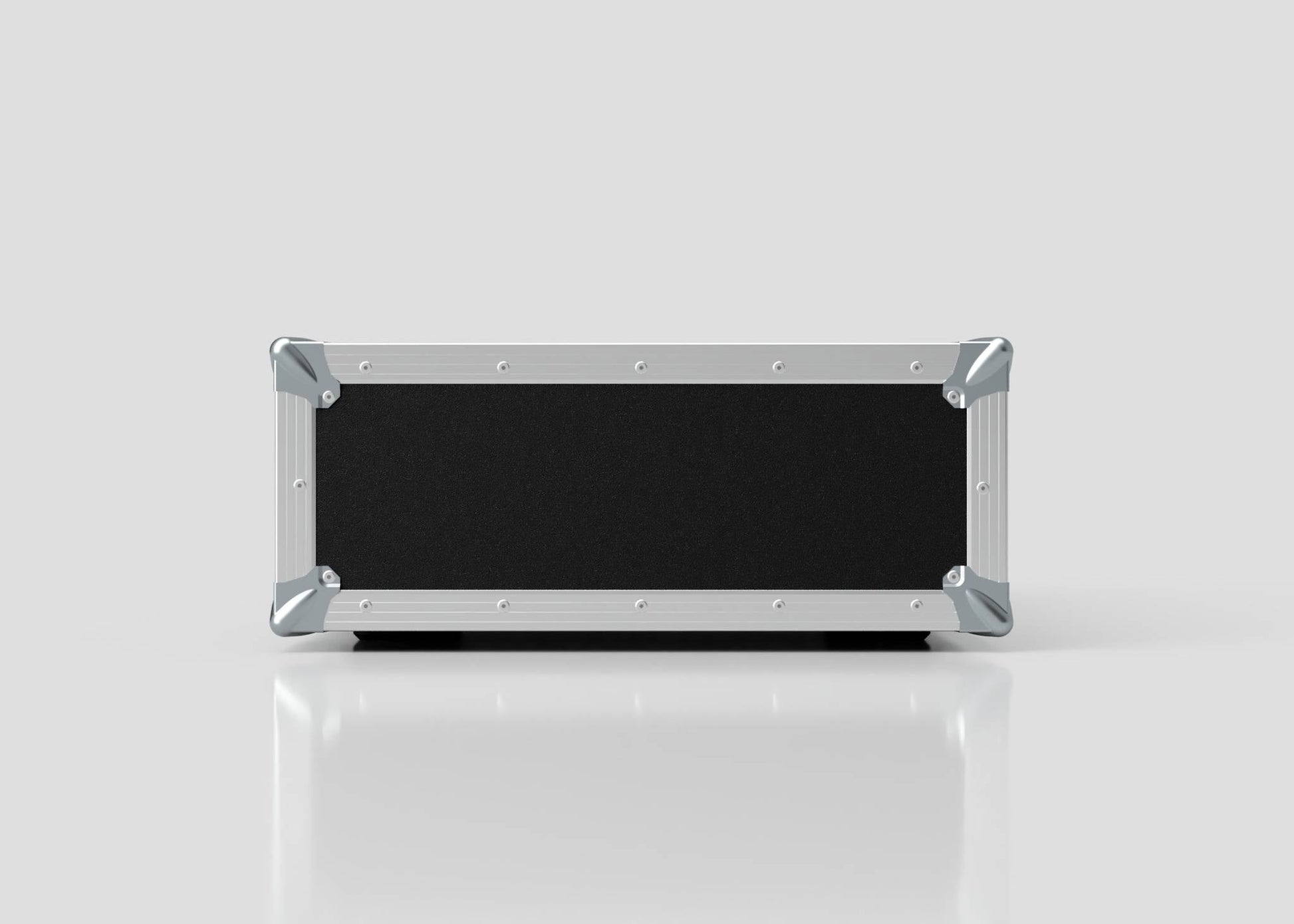 The 4U Standard Rack Case, a black and silver rectangular unit made from durable birch plywood with metal corner protectors, is displayed against a plain light gray background.