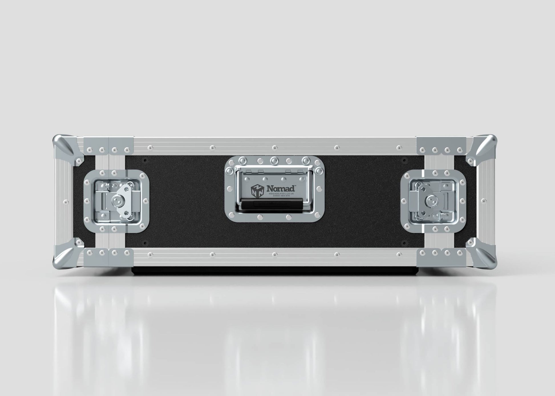 A 4U Standard Rack Case, black and silver with metal reinforcements and latches, labeled Nomad, is displayed on a white reflective surface.
