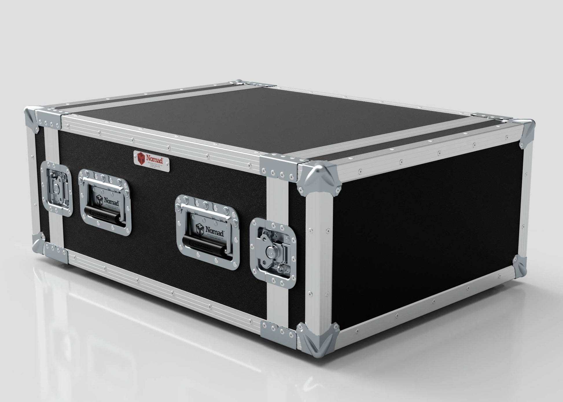 The 4U Suspended Shock Mounted Rack Case features a black and silver hard shell, metal reinforcements, three handles, corner protectors, and shock mounted racks, shown on a plain white surface.