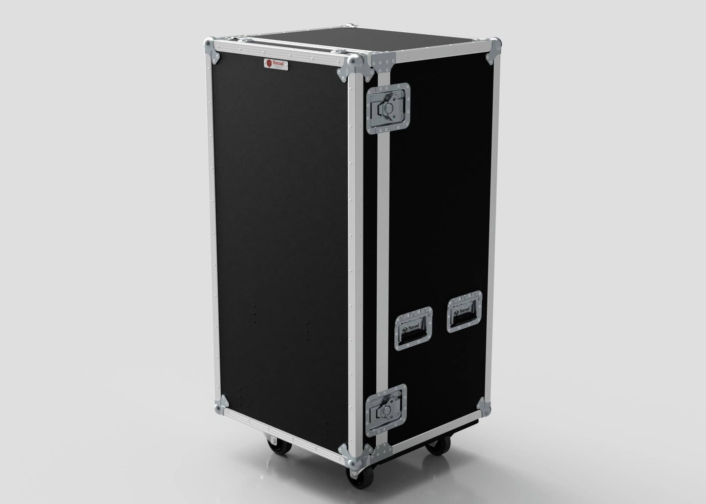 A black 5 Drawer Production Case with metal edges, handles, two latches, and wheels stands upright on a plain background. Its 644x616x1325 mm size is perfect for storing an external trestle table or side attaching table.