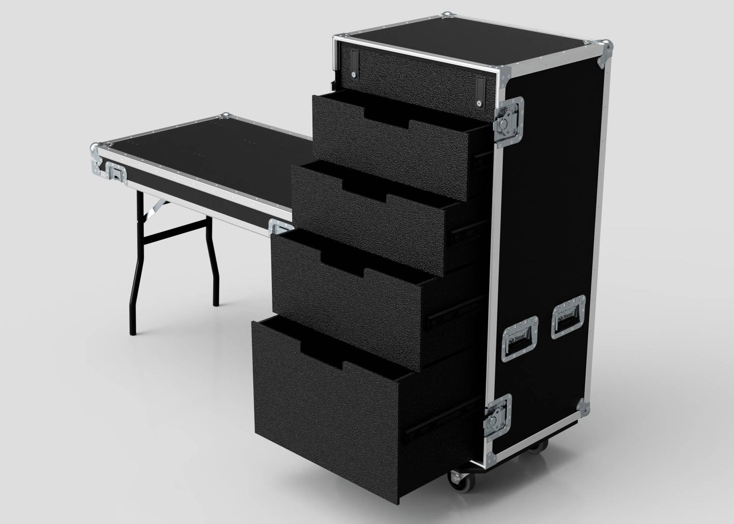 The 5 Drawer Production Case is a black wheeled equipment case with five open drawers, a side-attaching table, and dimensions of 644x616x1325.