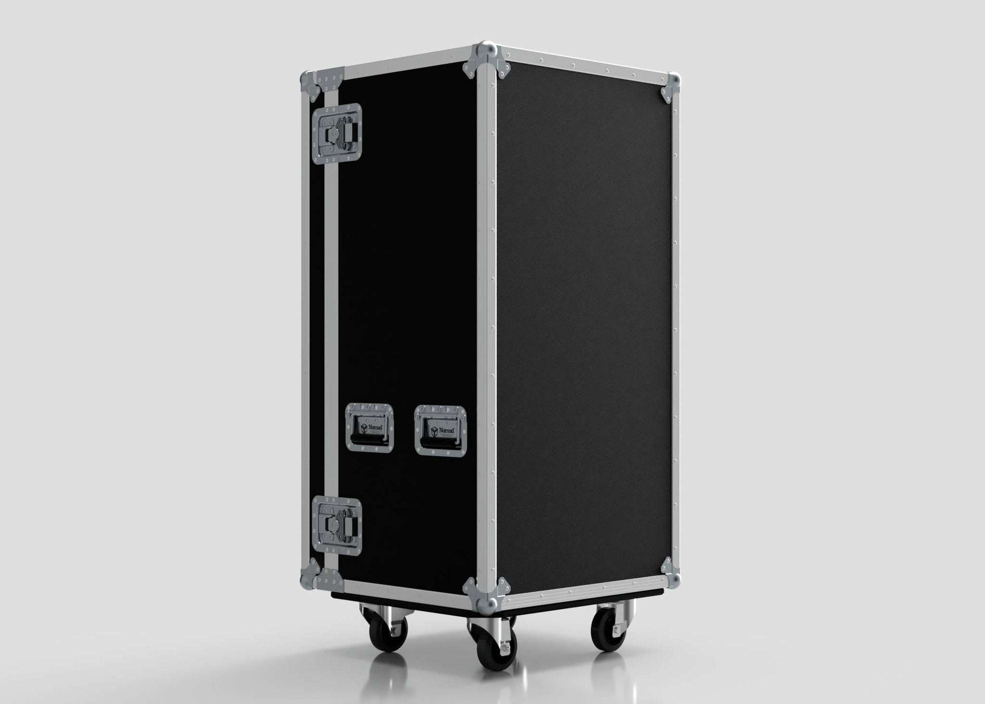 The 5 Drawer Production Case is a large black flight case with metal reinforcements, handles, four caster wheels, side-attaching table capability, and external trestle table compatibility; dimensions: 644x616x1325.