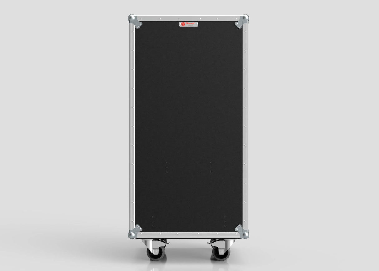 The 5 Drawer Production Case is a tall, black, rectangular equipment case with silver metal edges and four wheels, shown upright against a plain light grey background. Its 644x616x1325mm size offers ample storage and easy transport.