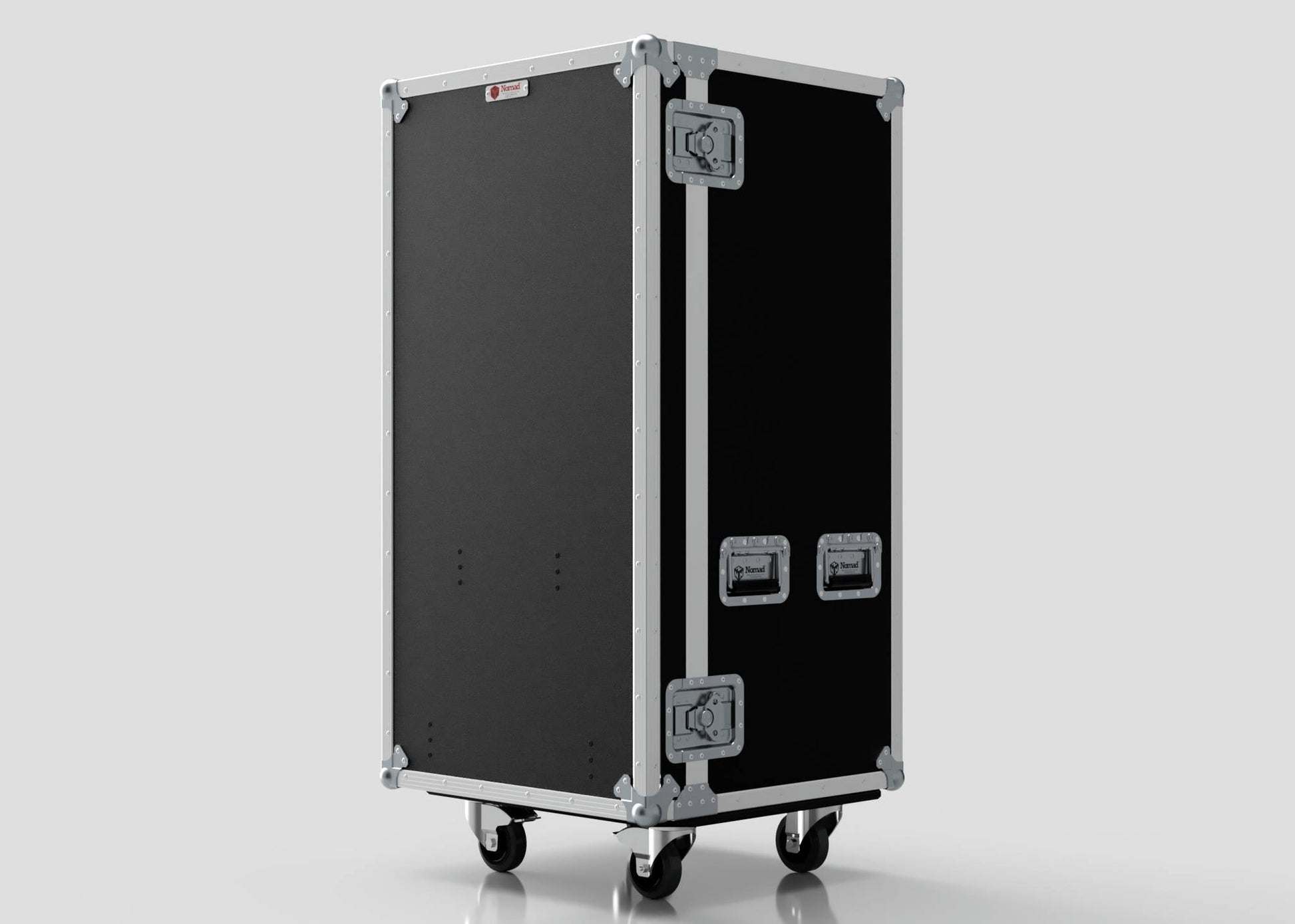 The 5 Drawer Production Case, featuring a black and silver design with metal edges and latches (dimensions 644x616x1325), stands upright on four caster wheels against a plain light background.