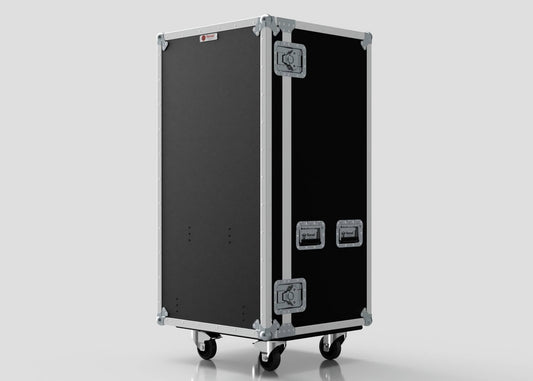 The 5 Drawer Production Case, featuring a black and silver design with metal edges and latches (dimensions 644x616x1325), stands upright on four caster wheels against a plain light background.