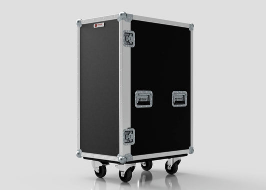 The 5 Way Euro Crate Case, shown in black and silver with metal corners, latches, and four caster wheels against a white background, is perfect for securely transporting or organizing Euro crates and equipment.