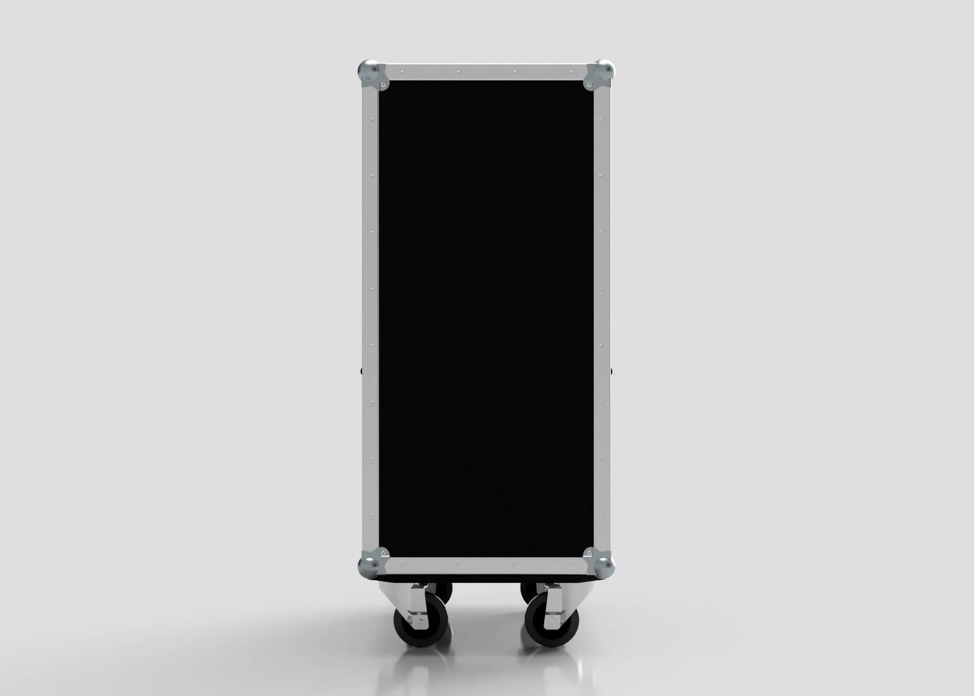 The 5 Way Euro Crate Case is a black rectangular storage case with metal edges and corners on four caster wheels—perfect for secure, organized Euro crate transport.