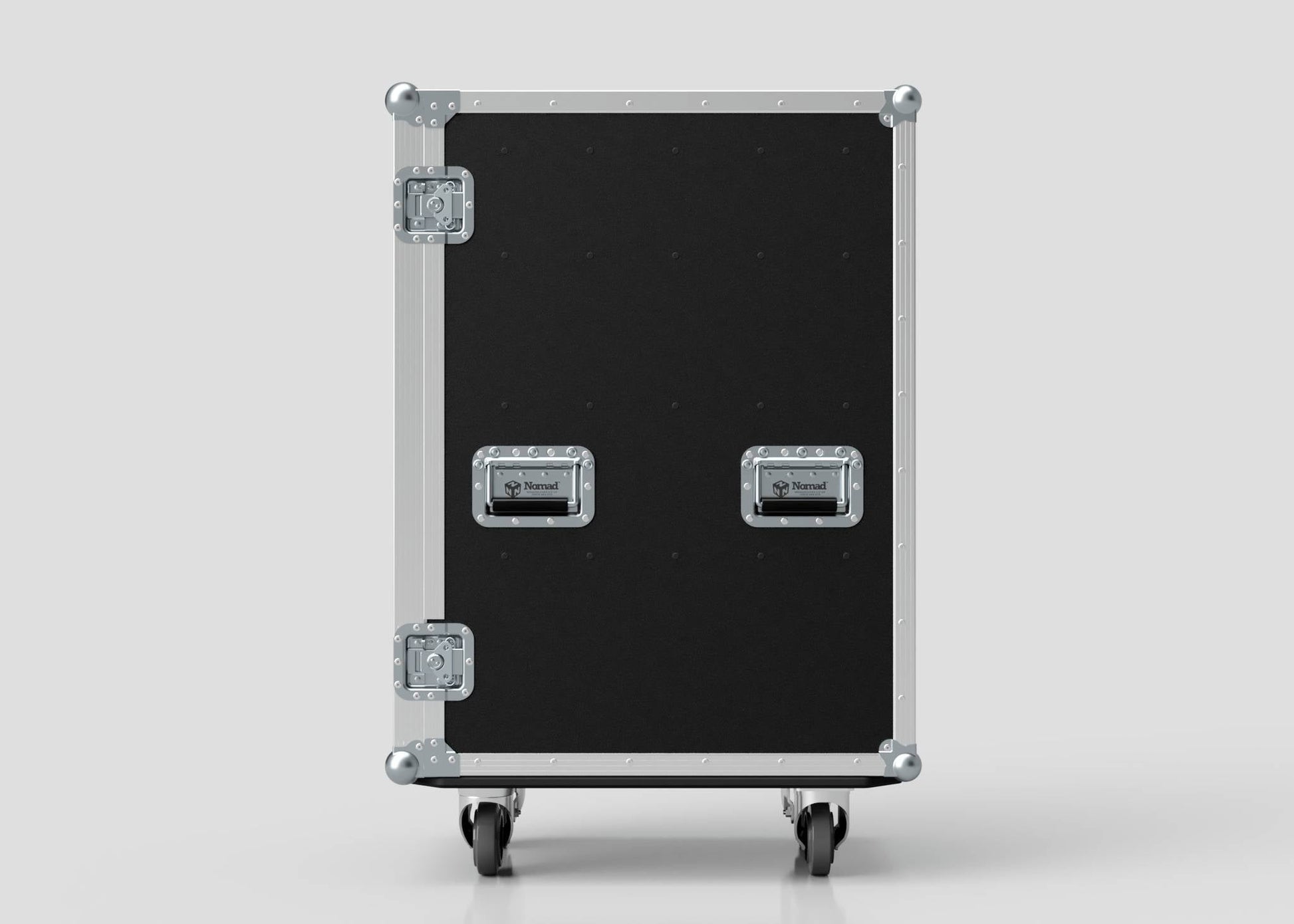 The 5 Way Euro Crate Case is a large black storage case with metal edges, corner protectors, two recessed handles, latches, and four caster wheels—ideal for organizing gear and compatible with Euro crates.