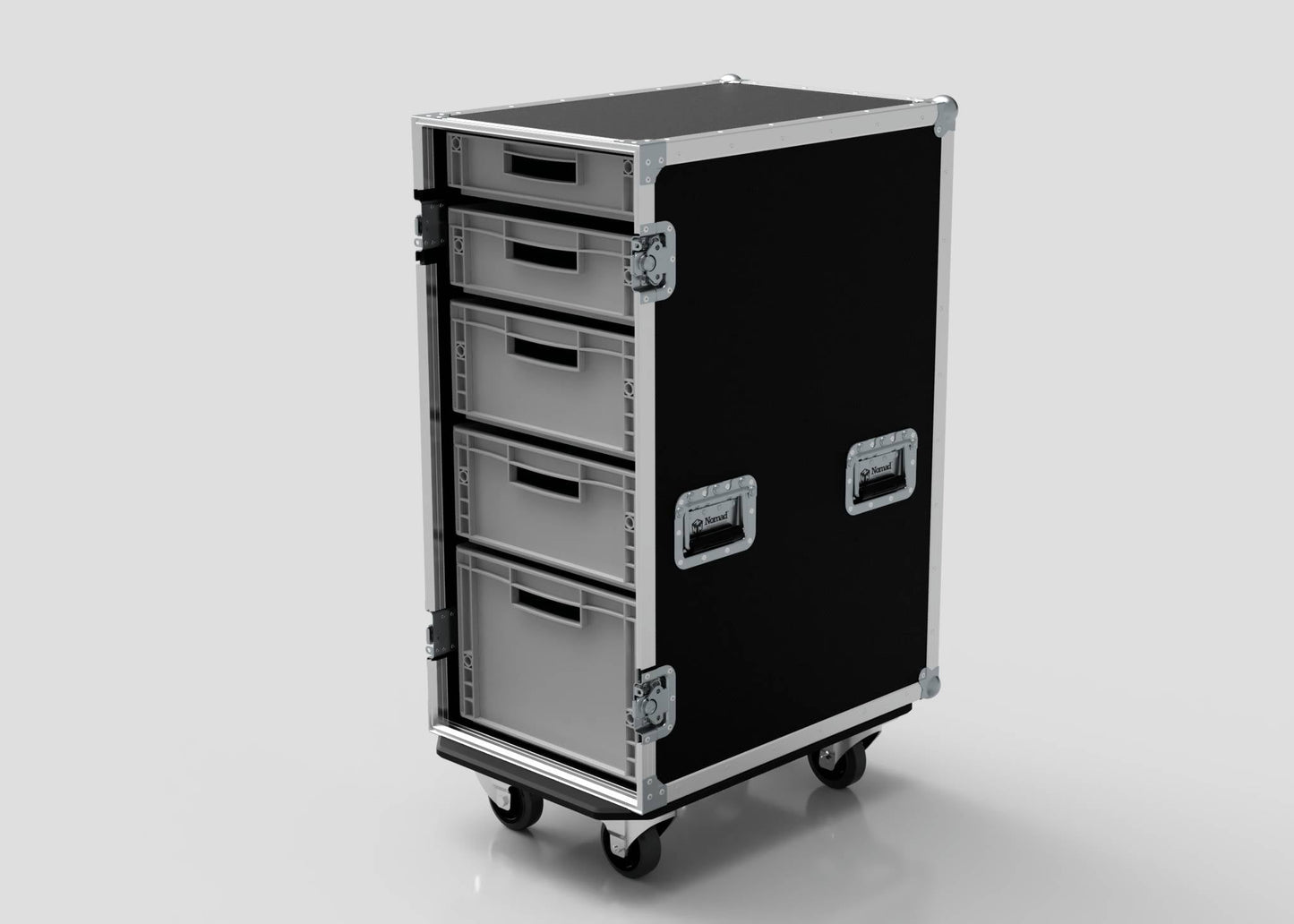 The 5 Way Euro Crate Case is a black and silver rolling storage case with four drawers, metal edges, and latch handles, ideal for securely transporting equipment or organizing Euro crates.