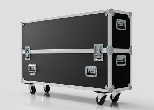 The 50" Double Screen Case is a large black and silver equipment case with metal edges and handles, mounted on four wheels, shown standing on a white surface against a plain background.