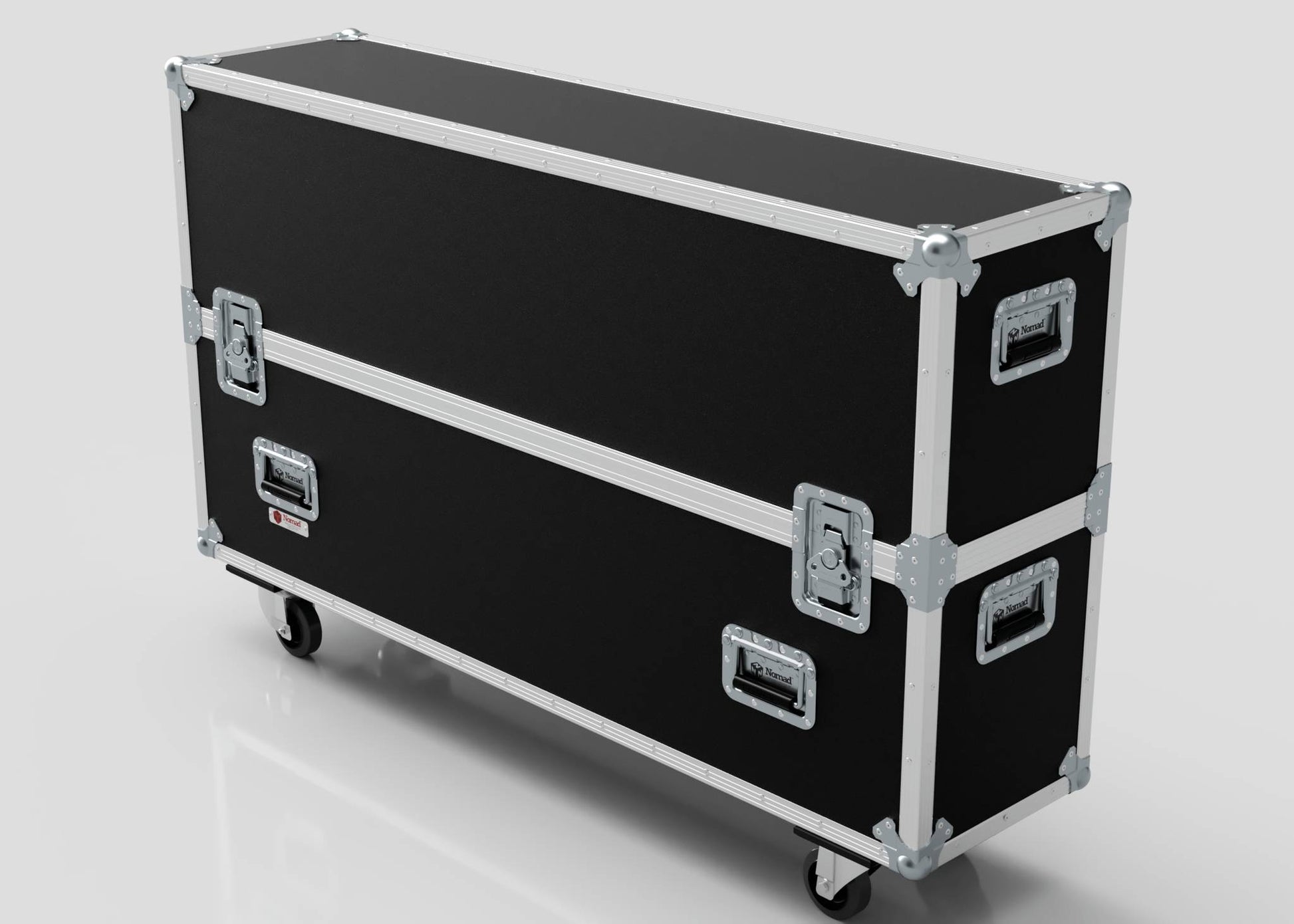 The 50" Double Screen Case is a large black rectangular case with metal edges, handles, latches, and four caster wheels, displayed on a plain light background.