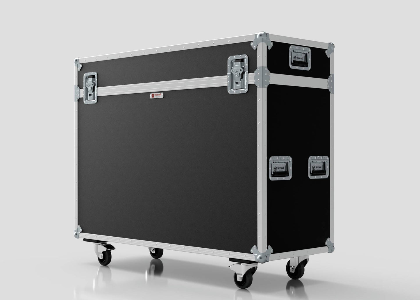 The 50" Motorised Single Screen Case is a large black and silver flight case with metal edges, reinforced corners, handles, and four caster wheels, shown on a plain white background.
