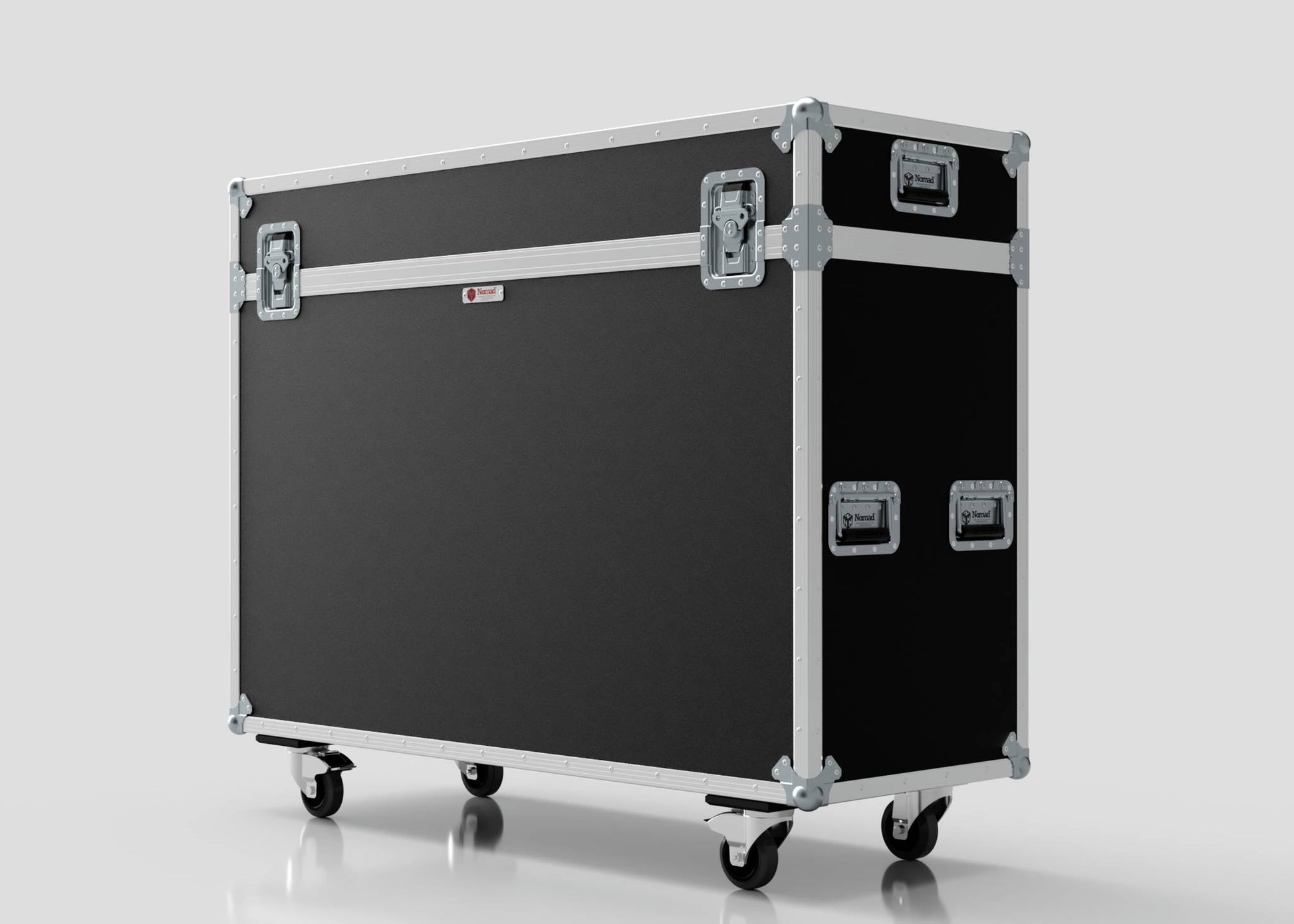 The 50" Motorised Single Screen Case is a large black and silver flight case with metal edges, reinforced corners, handles, and four caster wheels, shown on a plain white background.
