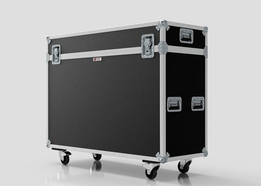 The 50" Motorised Single Screen Case is a large black and silver flight case with metal edges, reinforced corners, handles, and four caster wheels, shown on a plain white background.