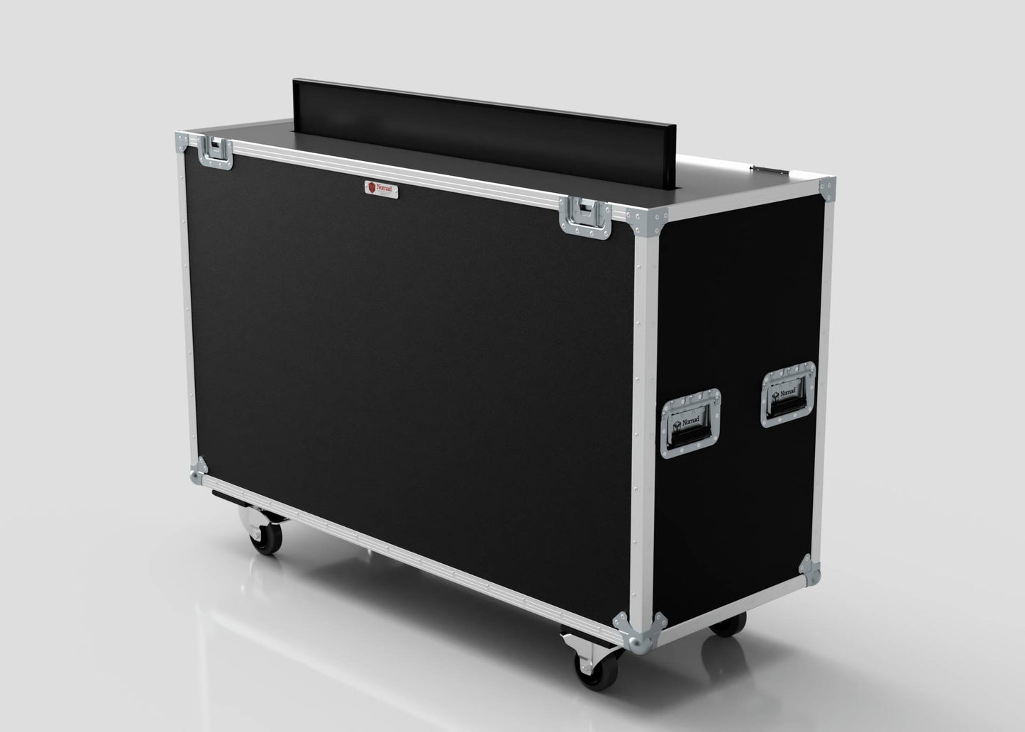 The 50" Motorised Single Screen Case is a large black wheeled flight case with metal edges and handles, partially open at the top to reveal a flat-screen monitor inside.