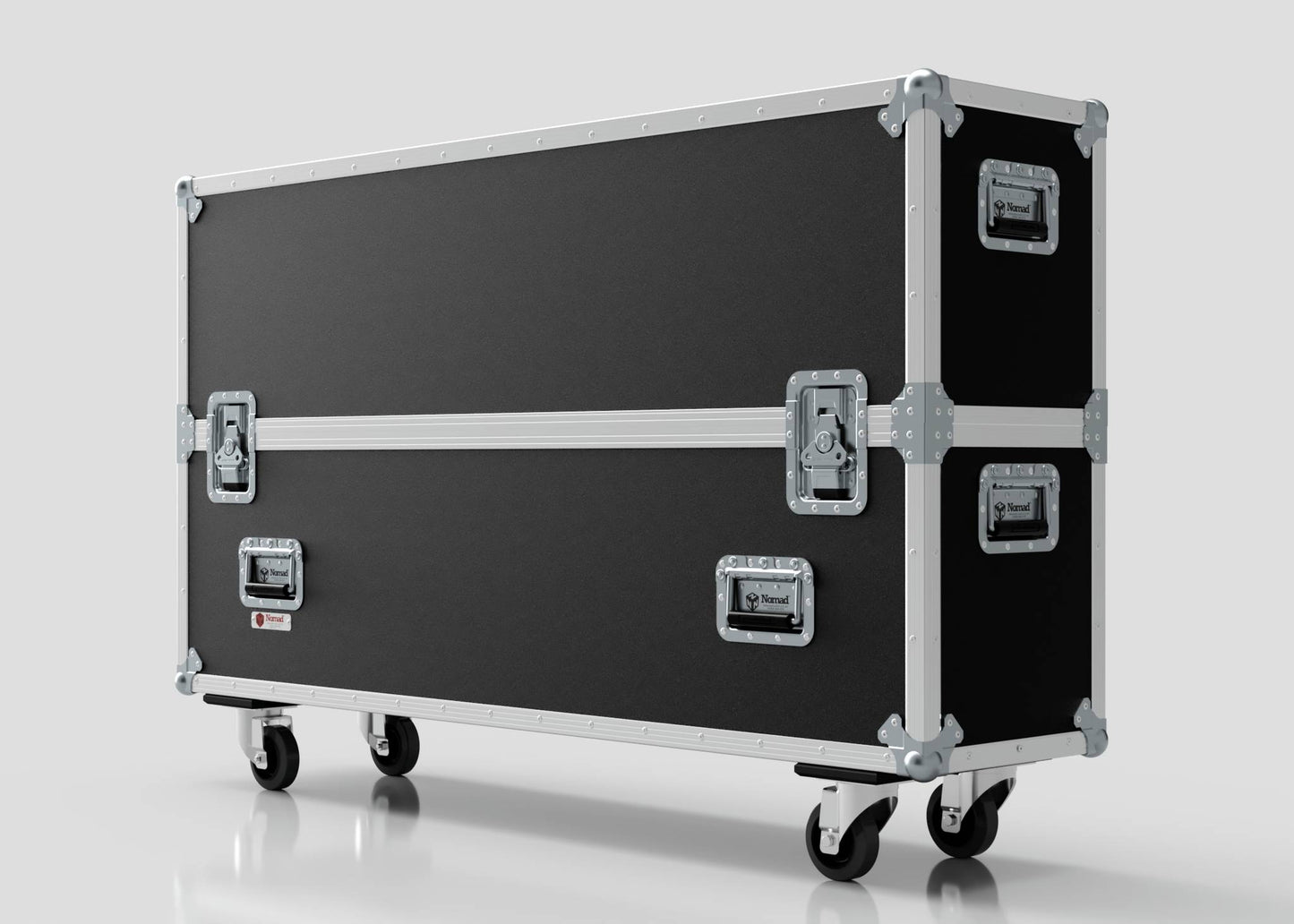 The 55" Double Screen Case is a large, rectangular black road case with metal edges, reinforced corners, metal handles, and four caster wheels, pictured on a plain white background.