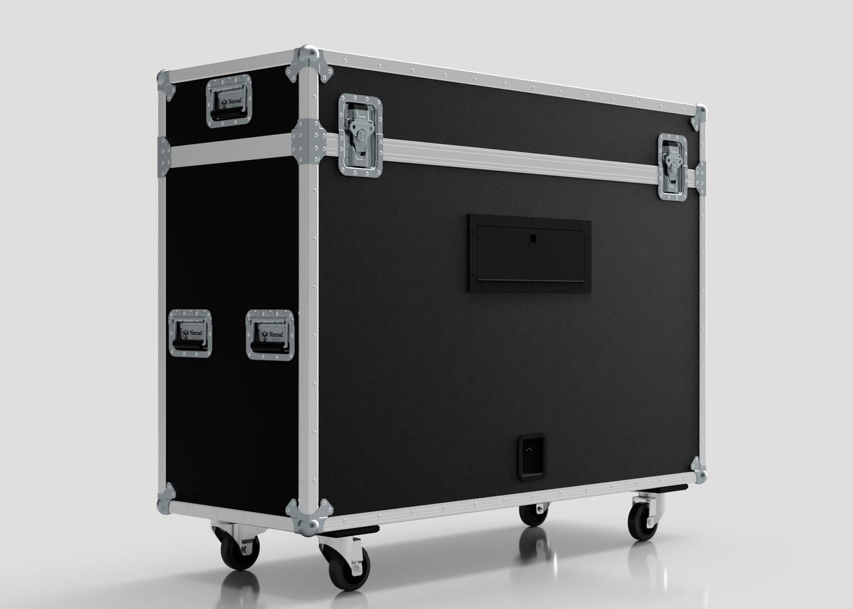 A 55" Motorised Single Screen Case in black with silver metal reinforcements and latches, equipped with four wheels, shown against a plain white background.