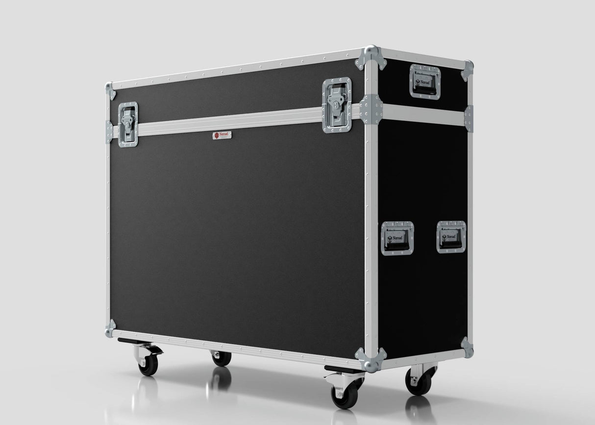 The 55" Motorised Single Screen Case, a large black equipment case with metal reinforcements, handles, and four caster wheels, is positioned on a white background.
