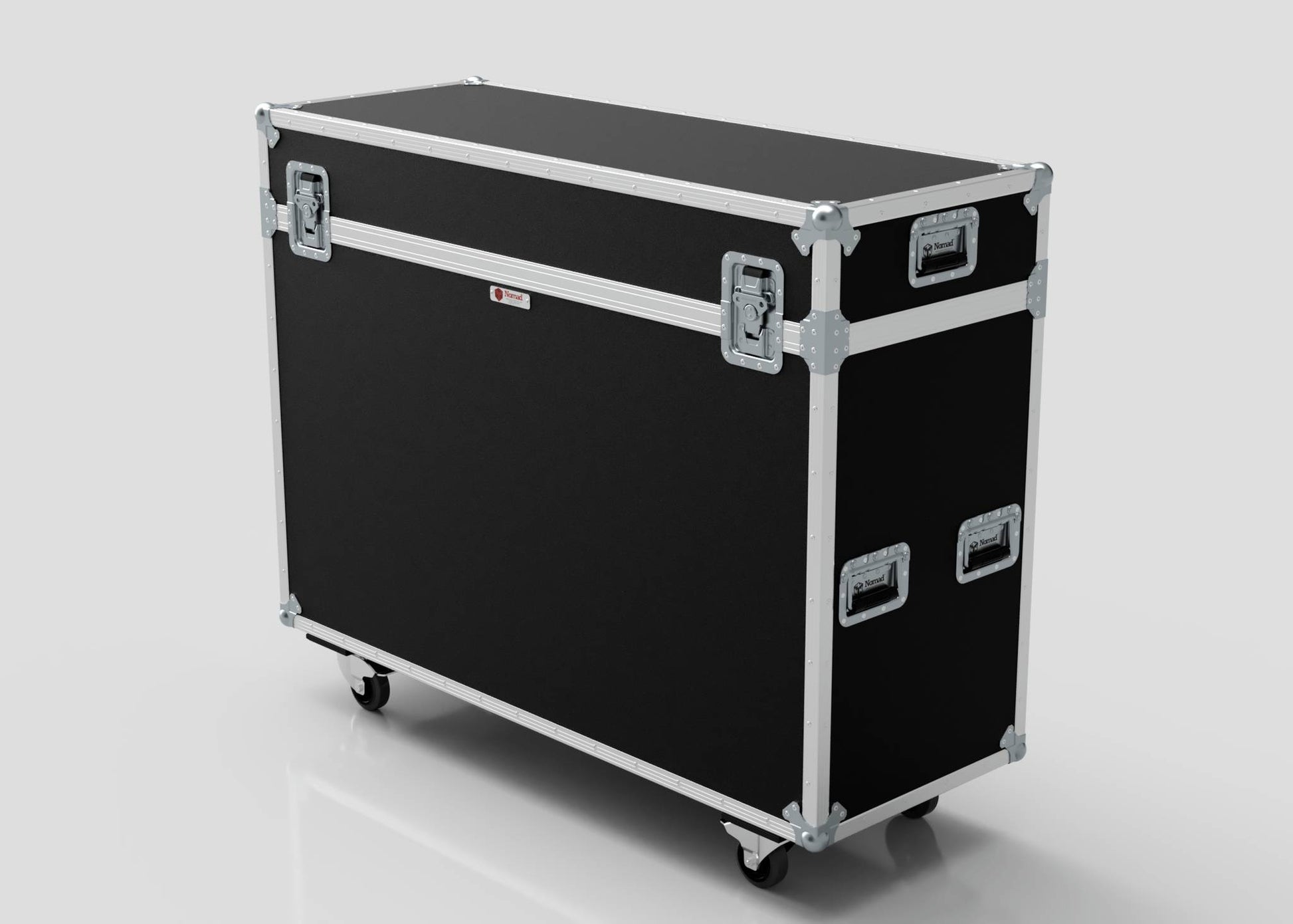 The 55" Motorised Single Screen Case is a large black flight case with metal edges, latches, and handles, mounted on four caster wheels, displayed against a plain light background.