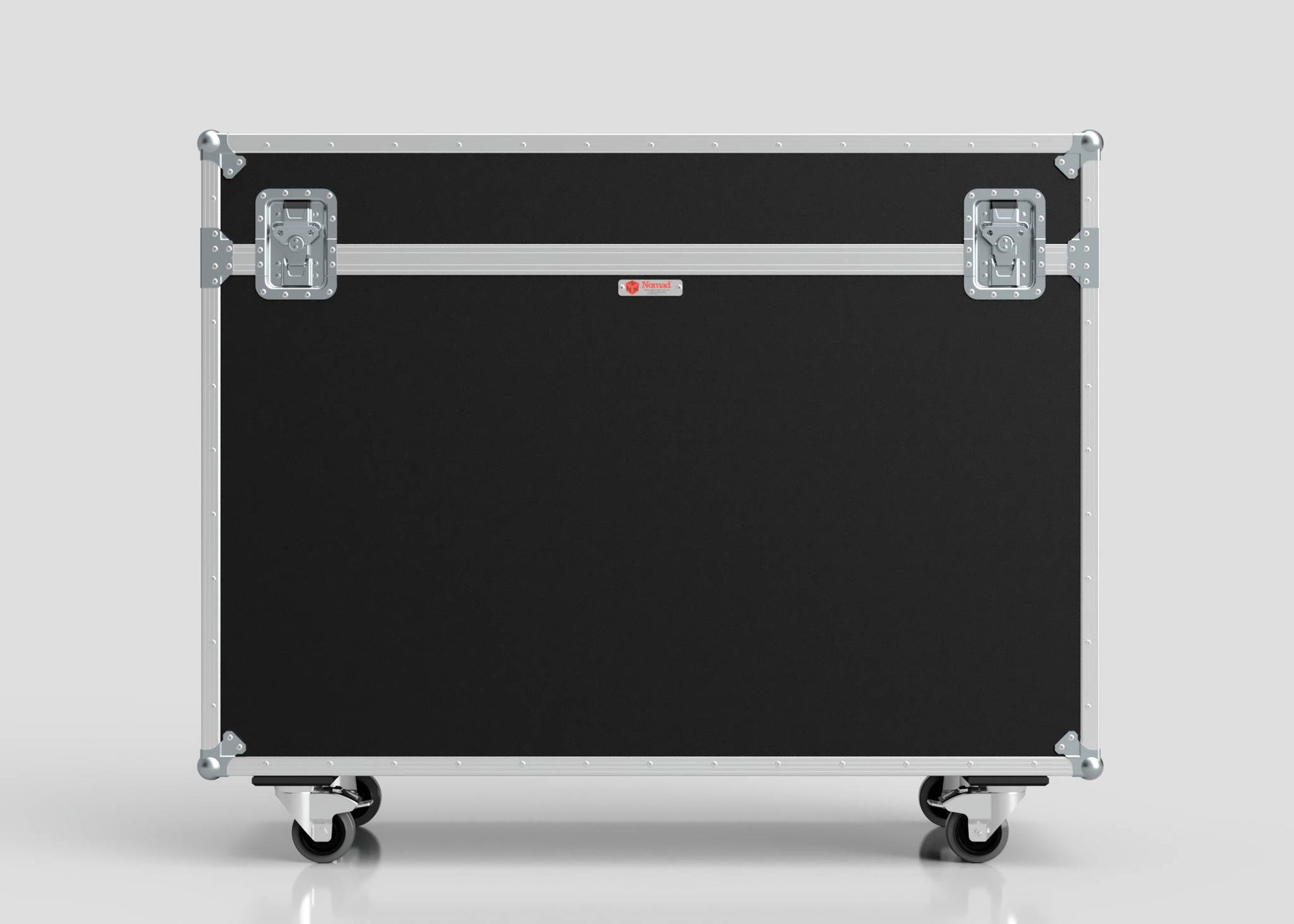 The 55" Motorised Single Screen Case is a large black equipment case with metal edges, corner protectors, handles, and wheels, shown against a plain gray background.