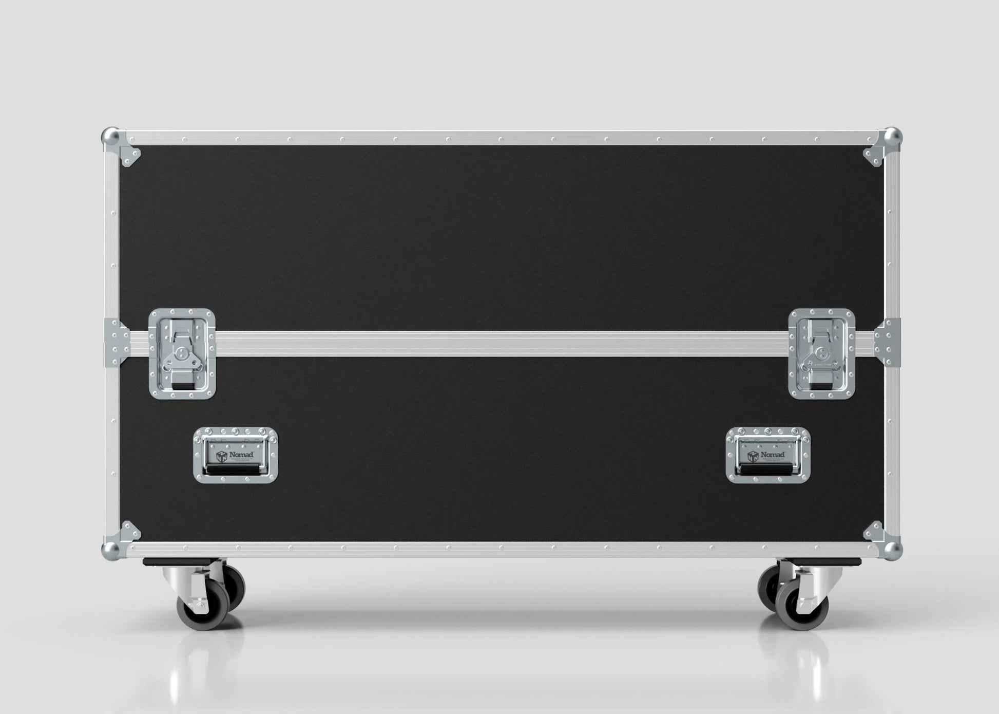 The 55" Single Screen Case is a large black rolling flight case with metal reinforcements, four latches, and two wheels, shown against a plain light background.