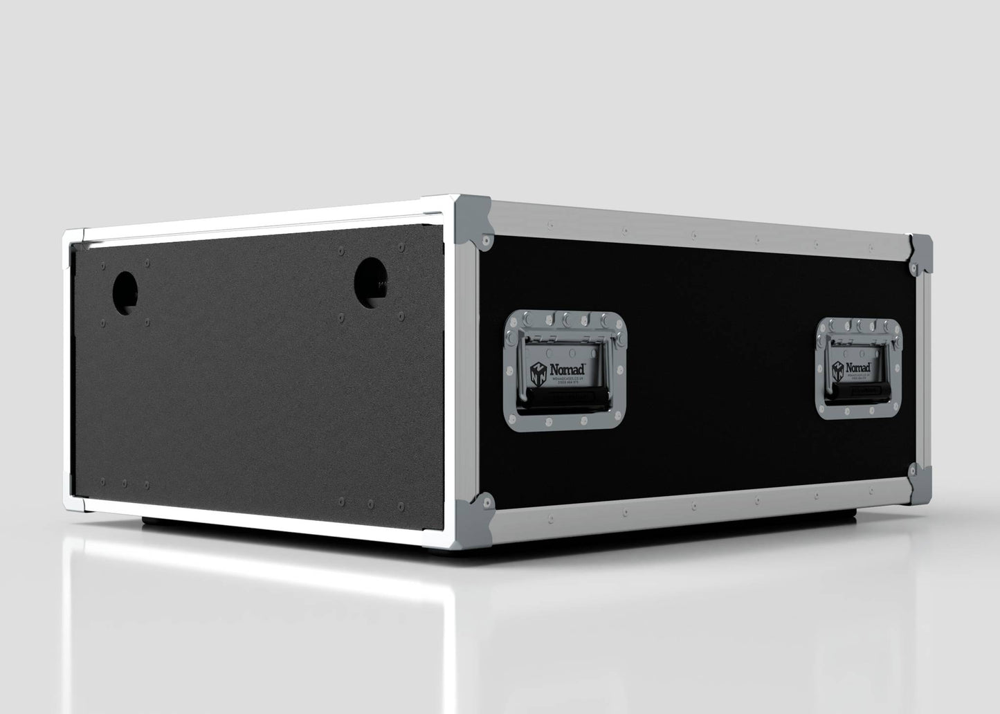 The 5U Shock Mount Slam Rack Case is a black rectangular equipment flight case with metallic edges and two side handles, displayed on a reflective white surface.