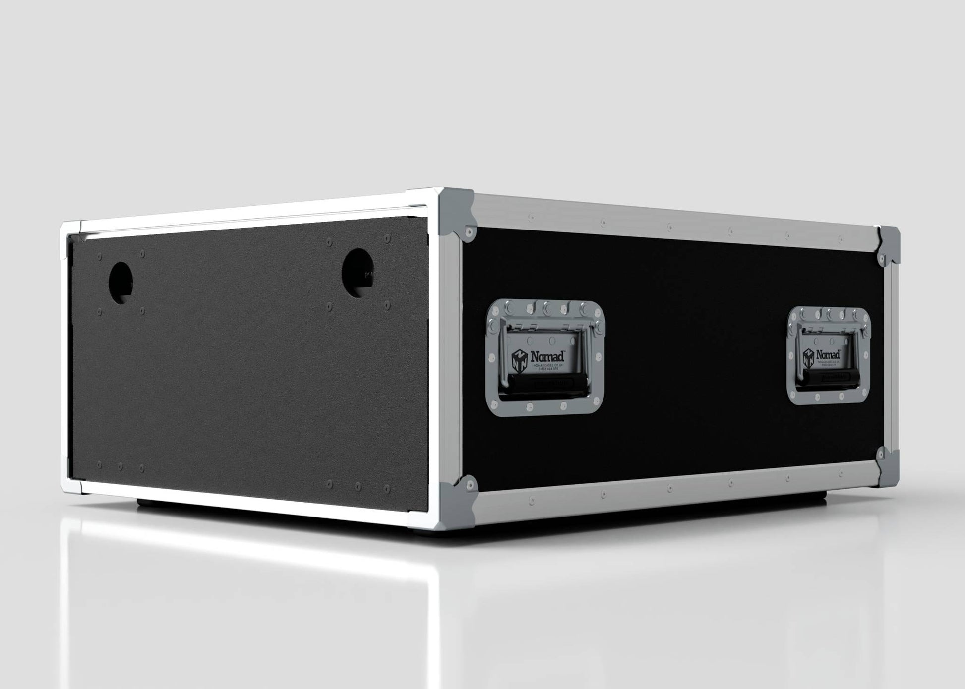 The 5U Shock Mount Slam Rack Case is a black rectangular equipment flight case with metallic edges and two side handles, displayed on a reflective white surface.