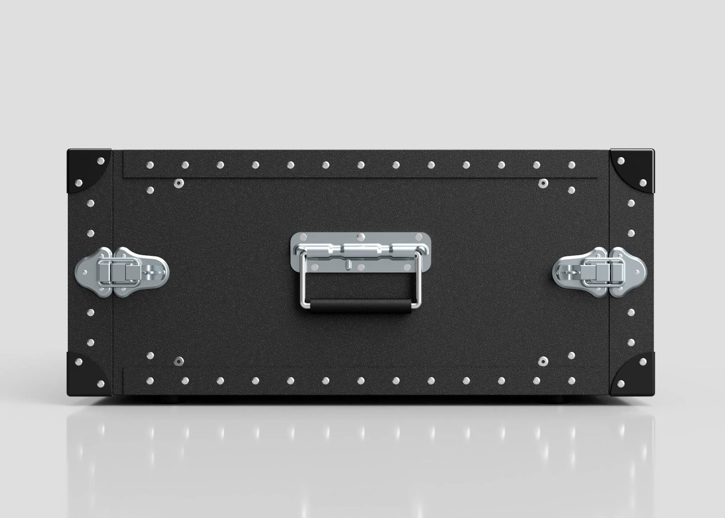 The 5U Standard Poly Rack Case is a black, rectangular metal storage case with reinforced corners, center handle, and padlockable latches, shown on a reflective surface.