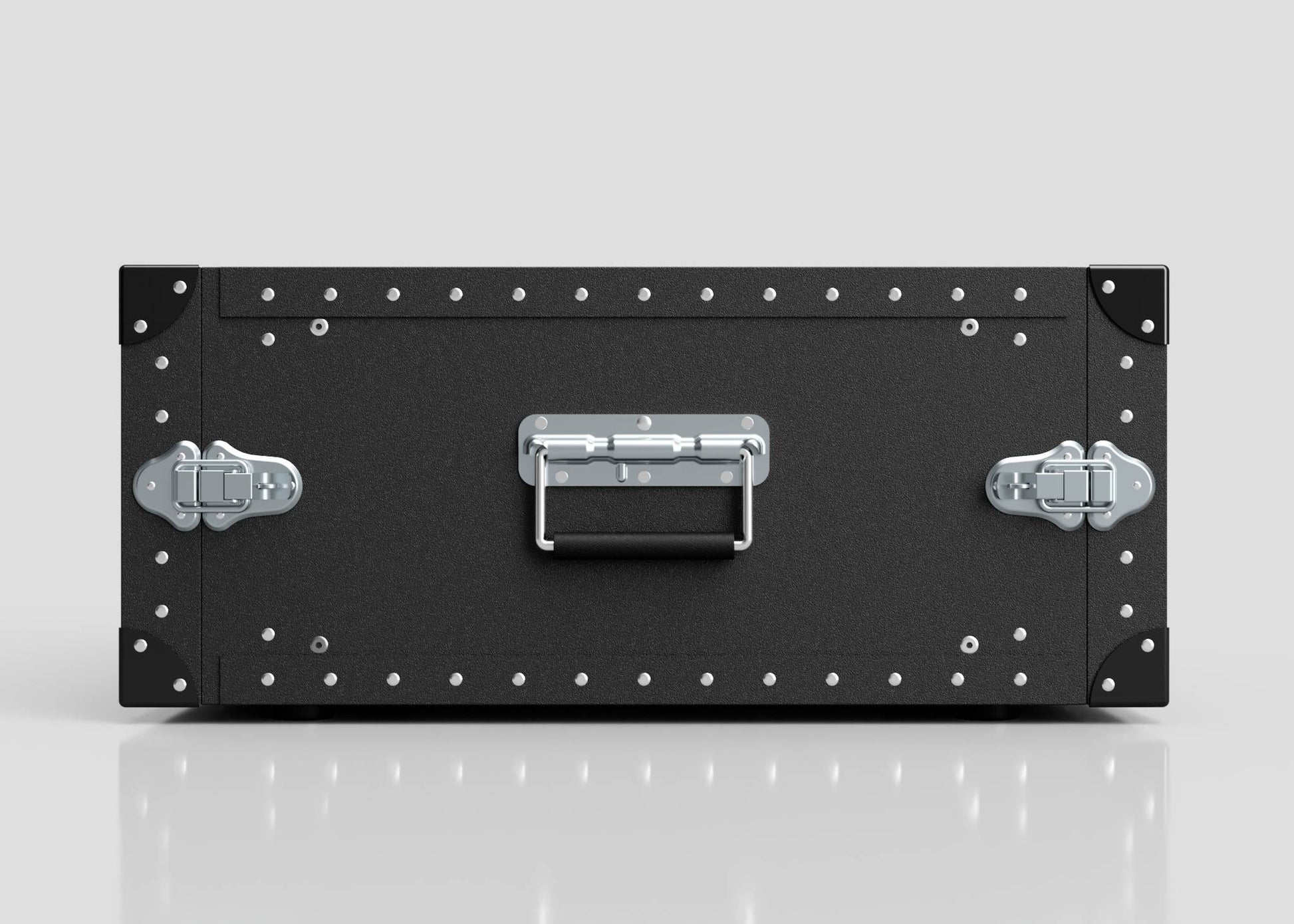 The 5U Standard Poly Rack Case is a black, rectangular metal storage case with reinforced corners, center handle, and padlockable latches, shown on a reflective surface.