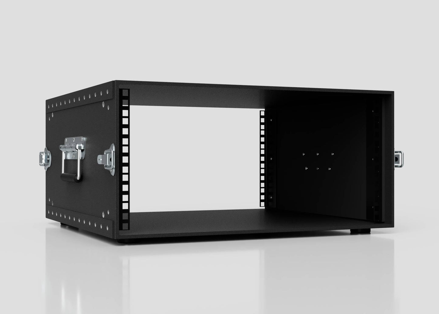 The 5U Standard Poly Rack Case is a black metal mount enclosure with an open front, side handles, and padlockable latches for security. It's shown on a reflective white surface against a light gray background.