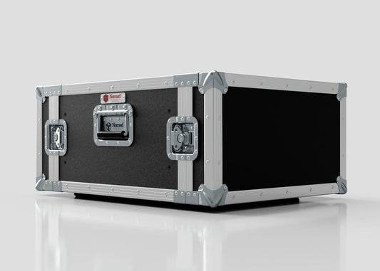 The 5U Standard Rack Case, featuring black and silver finishes with metal reinforcements, is displayed on a reflective surface against a plain background.