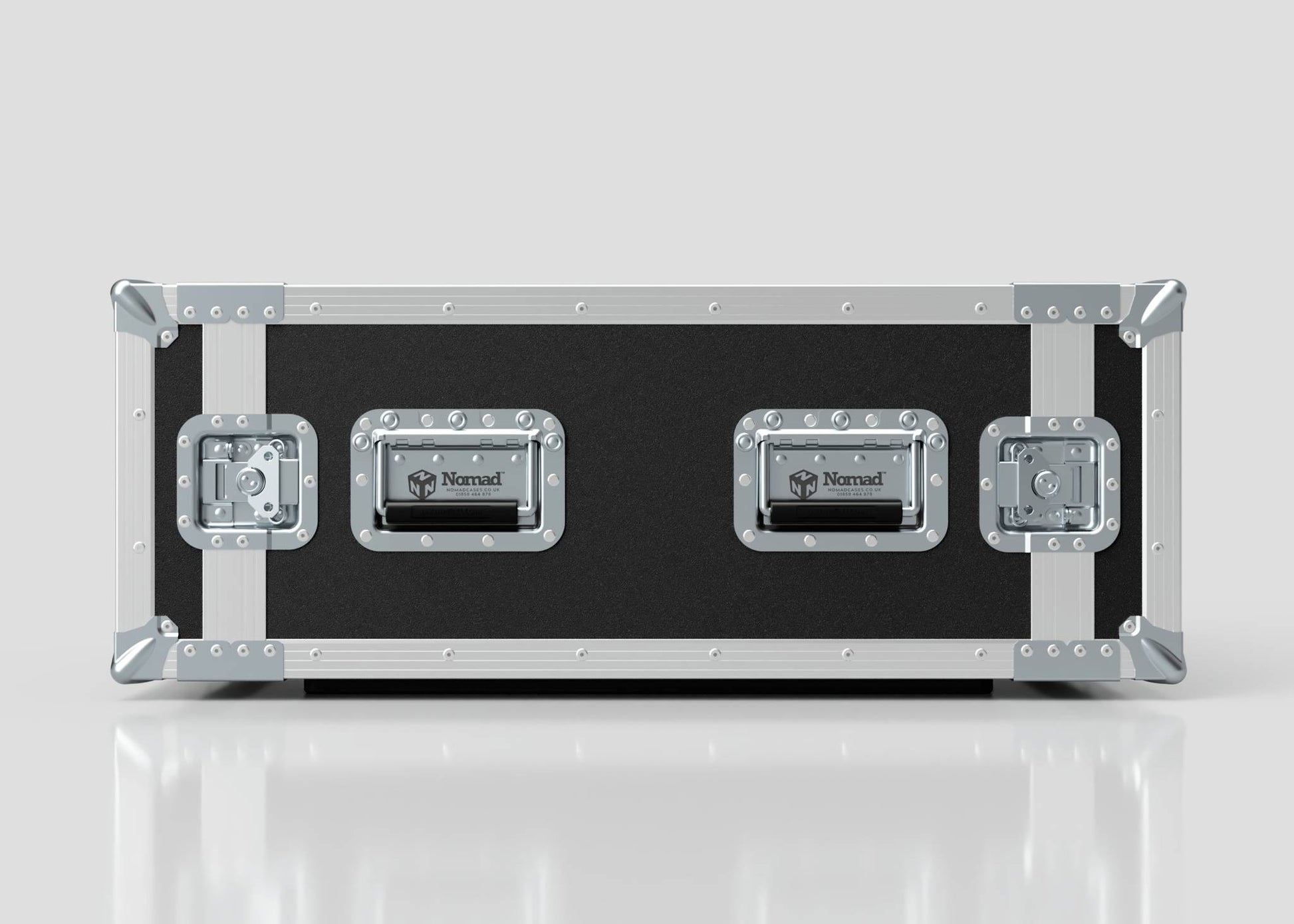 The 5U Suspended Shock Mounted Rack Case is a rectangular black and silver hard case with three latches, reinforced metal corners, and anti-vibration mounts, shown against a plain light background.