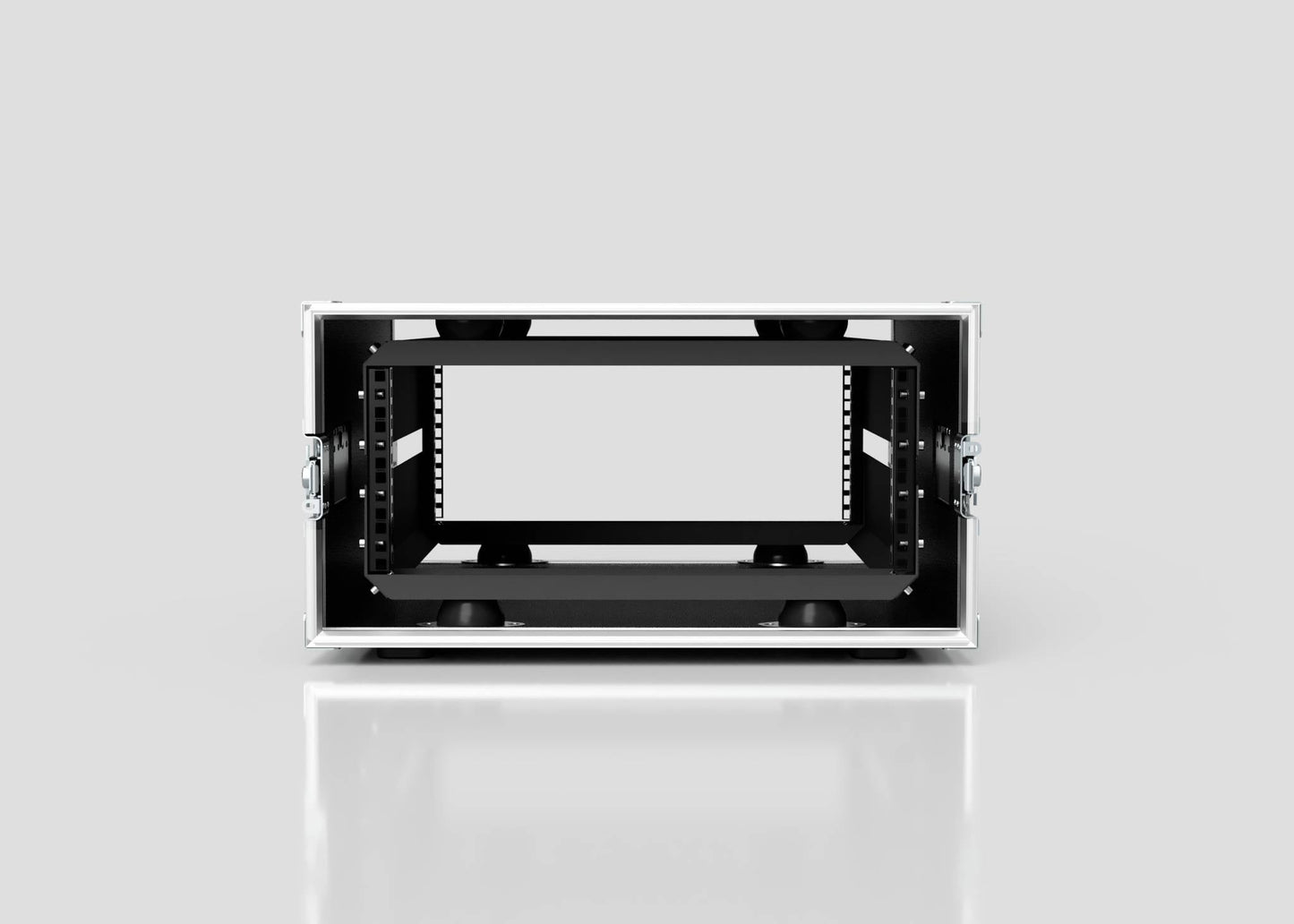 The 5U Suspended Shock Mounted Rack Case, a black metal equipment rack with front handles, sits open and empty on a reflective surface against a plain light gray background, designed for enhanced protection.