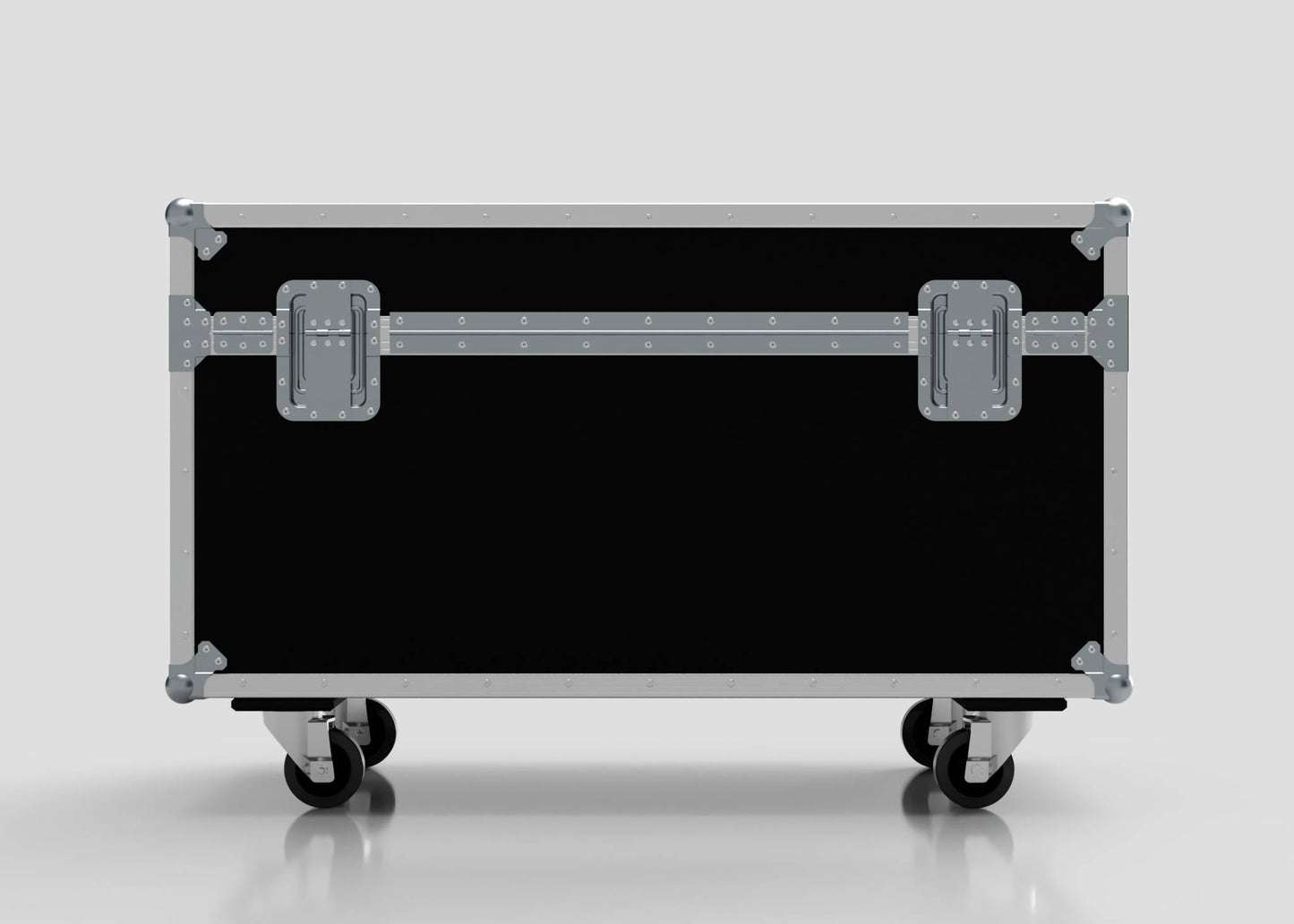 6 Way Chauvet Rogue Outcast 1 Beamwash Case: black road case with metal edges, two latches, and four caster wheels, shown against a plain light background. External dimensions: 1197 x 602 x 763 mm.