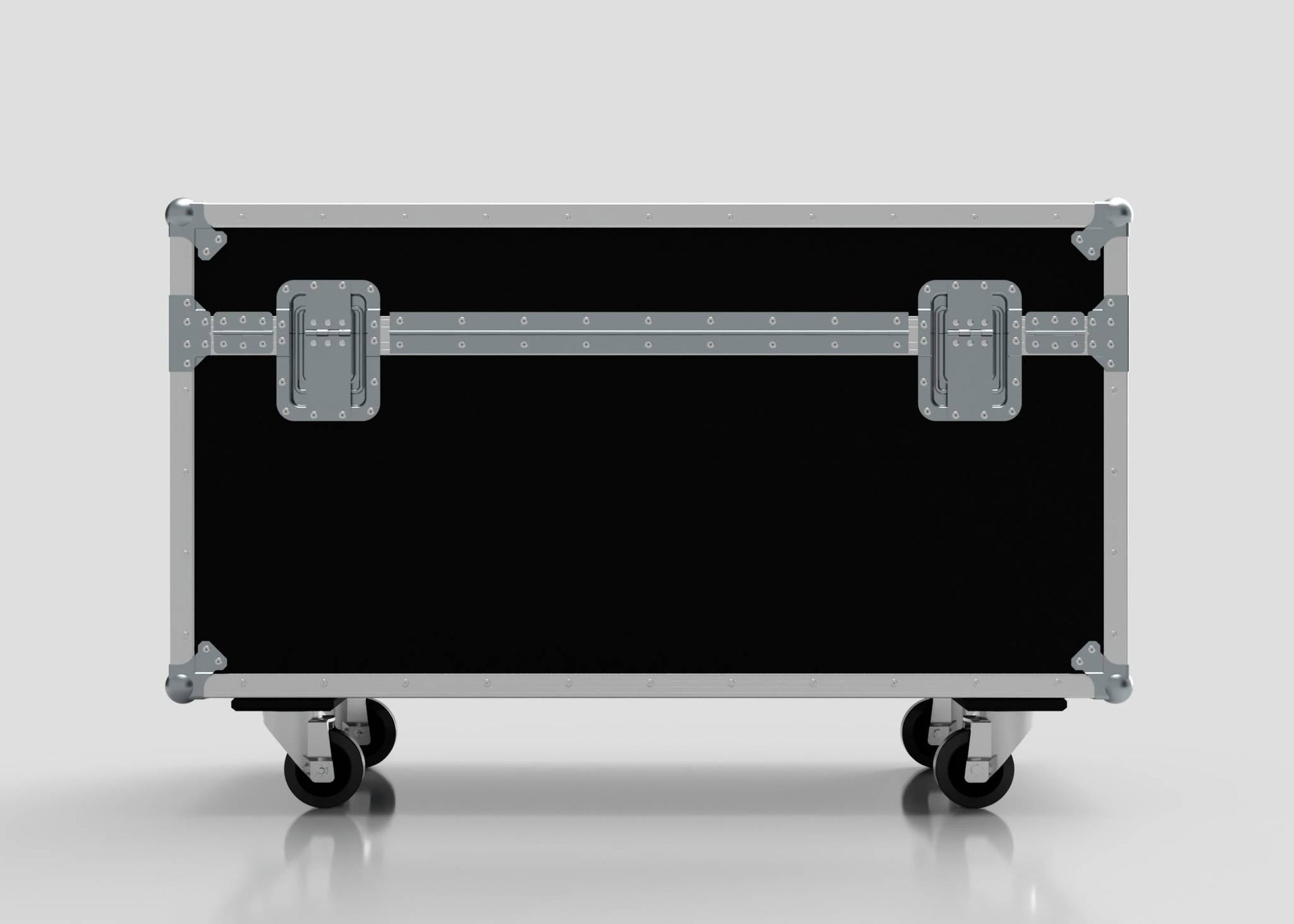 6 Way Chauvet Rogue Outcast 1 Beamwash Case: black road case with metal edges, two latches, and four caster wheels, shown against a plain light background. External dimensions: 1197 x 602 x 763 mm.
