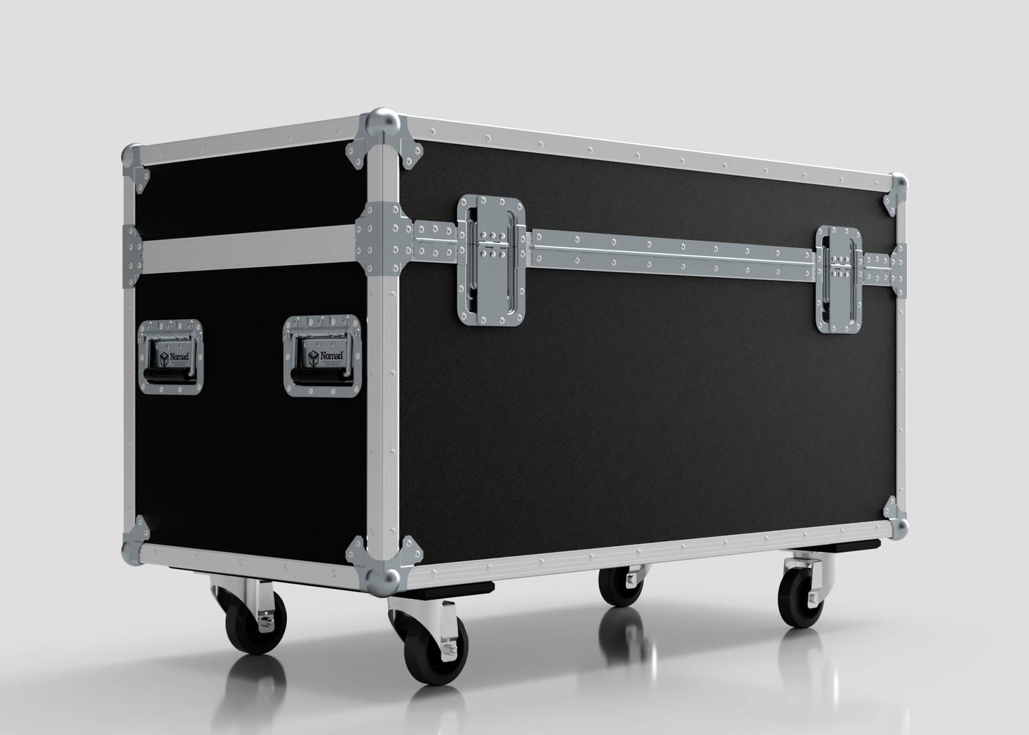 A 6 Way Chauvet Rogue Outcast 1 Beamwash Case, black and silver with metal edges, handles, and four caster wheels, sits on a plain light background. Its external dimensions are 1197 x 602 x 763 mm.