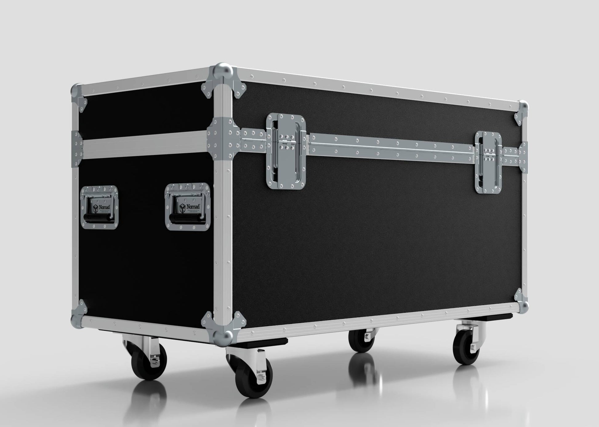 A 6 Way Chauvet Rogue Outcast 1 Beamwash Case, black and silver with metal edges, handles, and four caster wheels, sits on a plain light background. Its external dimensions are 1197 x 602 x 763 mm.