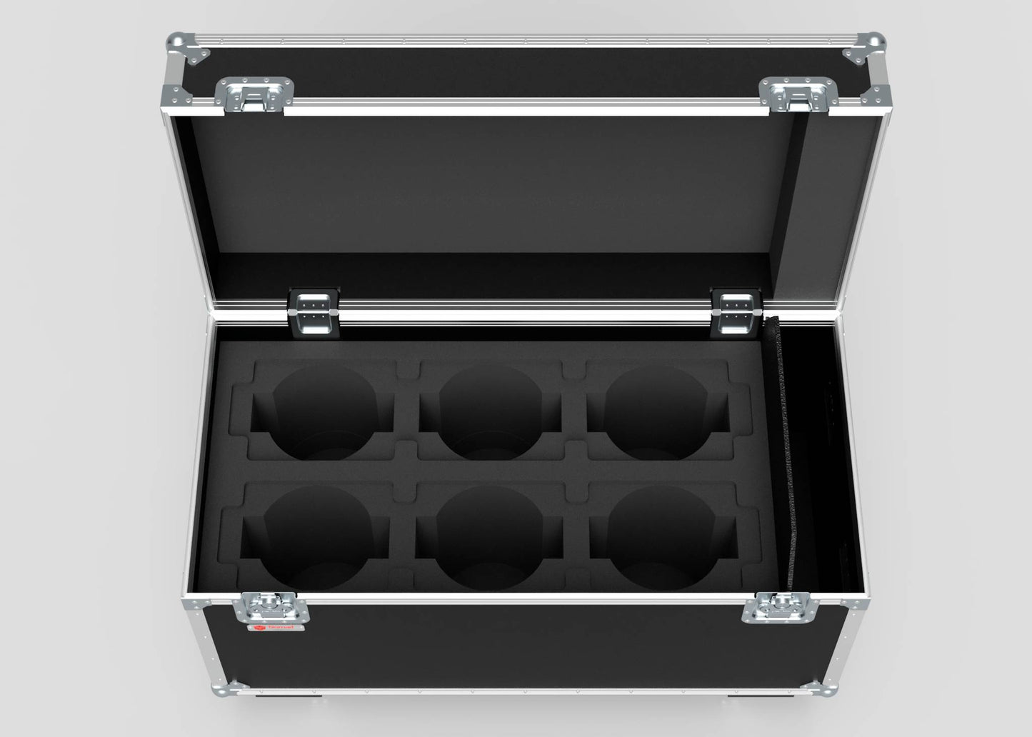 A top view of the 6 Way Chauvet Rogue Outcast 1 Beamwash Case—an open black hard case with foam inserts for six round fixtures. Product size: 1197 x 602 x 763 mm.