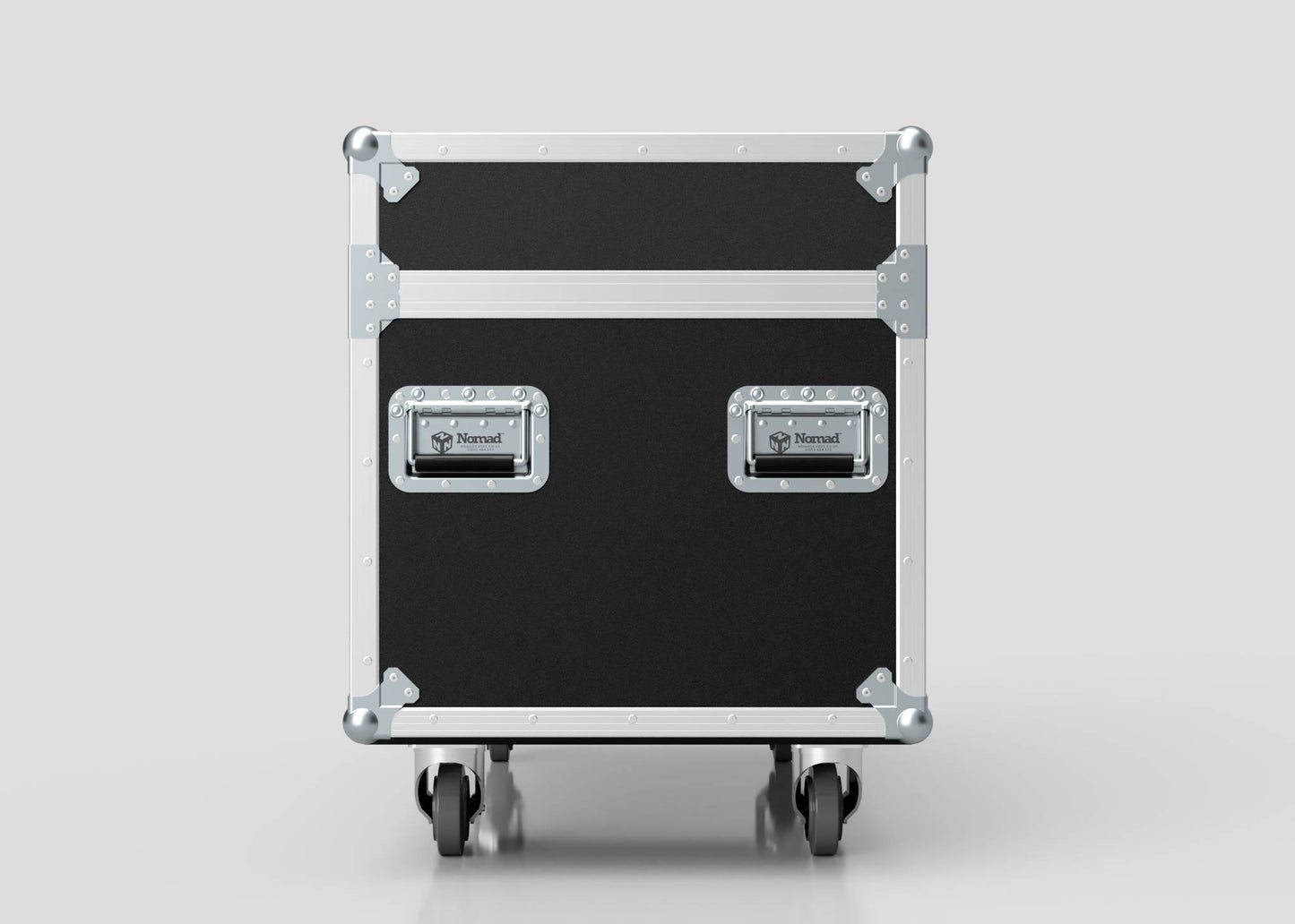 The 6 Way Chauvet Rogue Outcast 1 Beamwash Case, black with metal edges, two latches, handles, and four caster wheels, is shown against a plain light background; external dimensions: 1197 x 602 x 763 mm.
