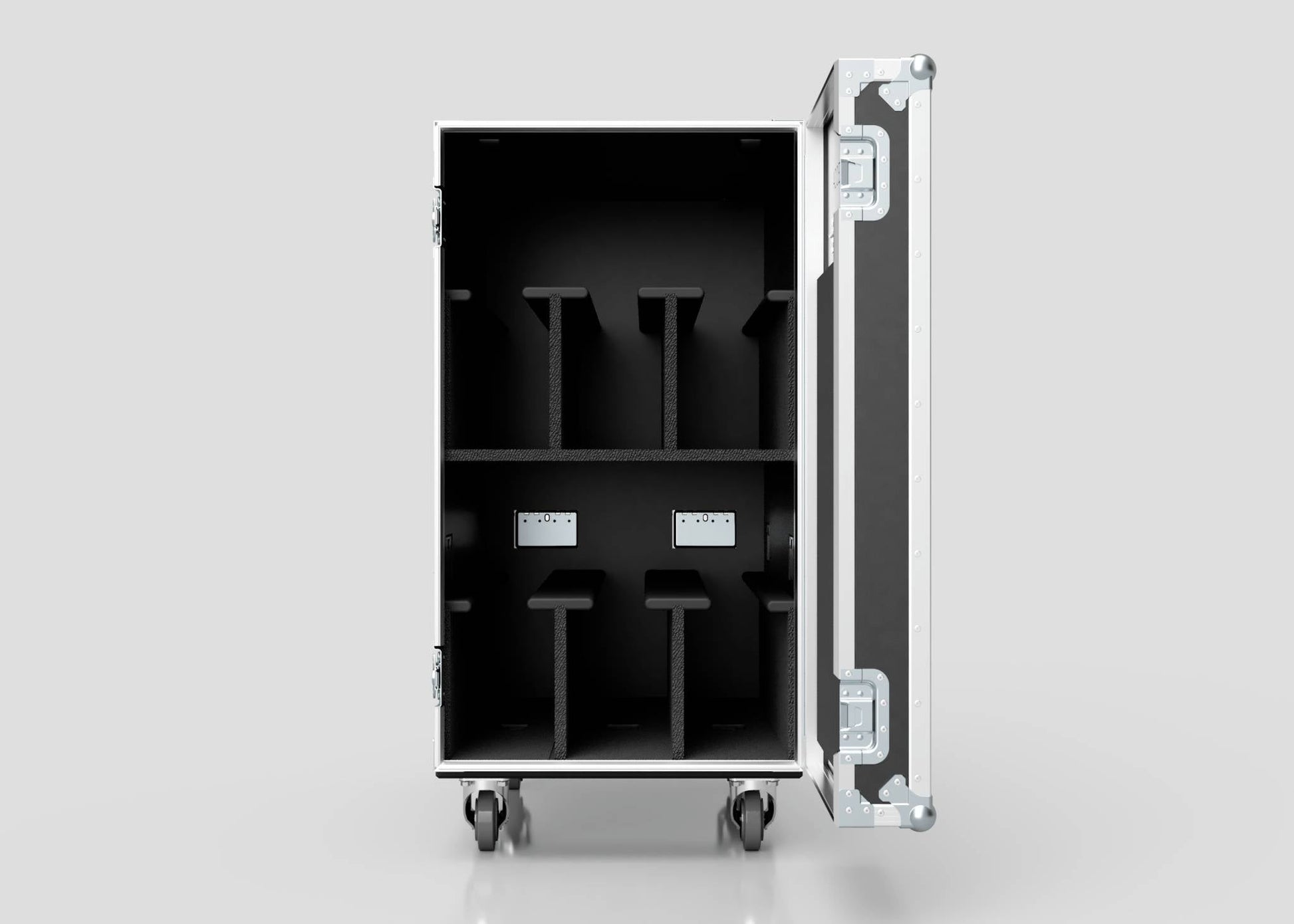 The 6 Way COLORado PXL Curve 12 Case is a metal equipment case with foam dividers and caster wheels, shown open and empty. Its external dimensions are 1220 x 600 x 1169 mm, perfect for storing and transporting various items.
