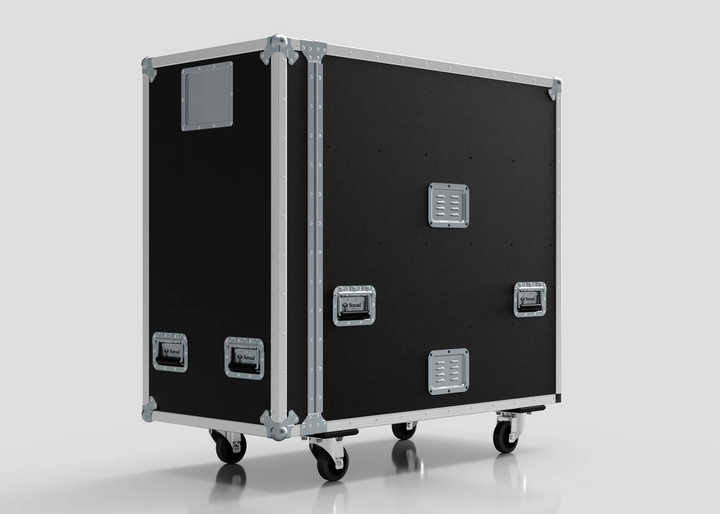 The 6 Way COLORado PXL Curve 12 Case is a large black equipment case with metal edges, handles, and four caster wheels for transporting or storing gear. Its external dimensions are 1220 x 600 x 1169 mm.