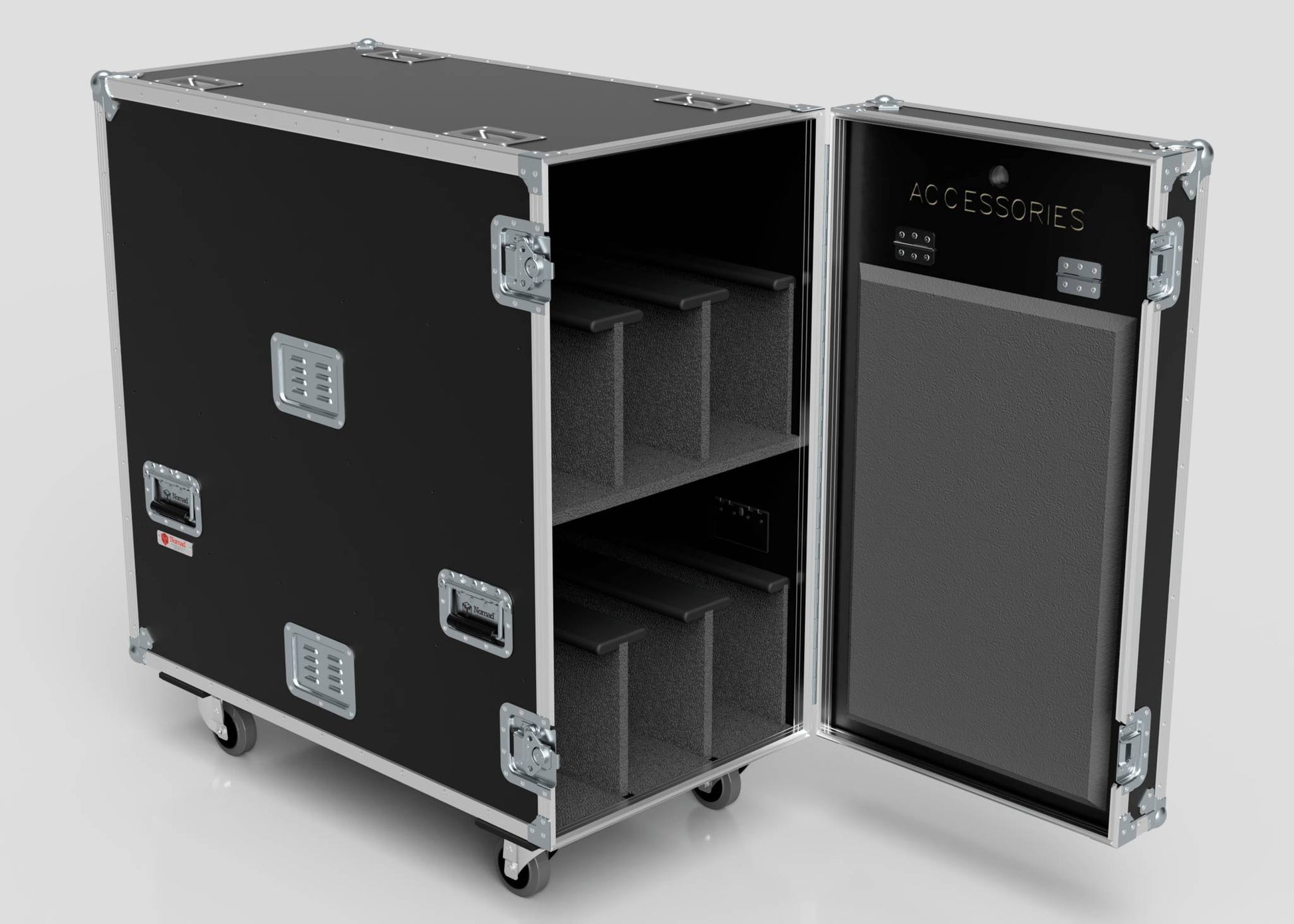 The 6 Way COLORado PXL Curve 12 Case is a black wheeled storage case with an open door displaying padded compartments and an ACCESSORIES label inside. Its external dimensions are 1220 x 600 x 1169 mm.
