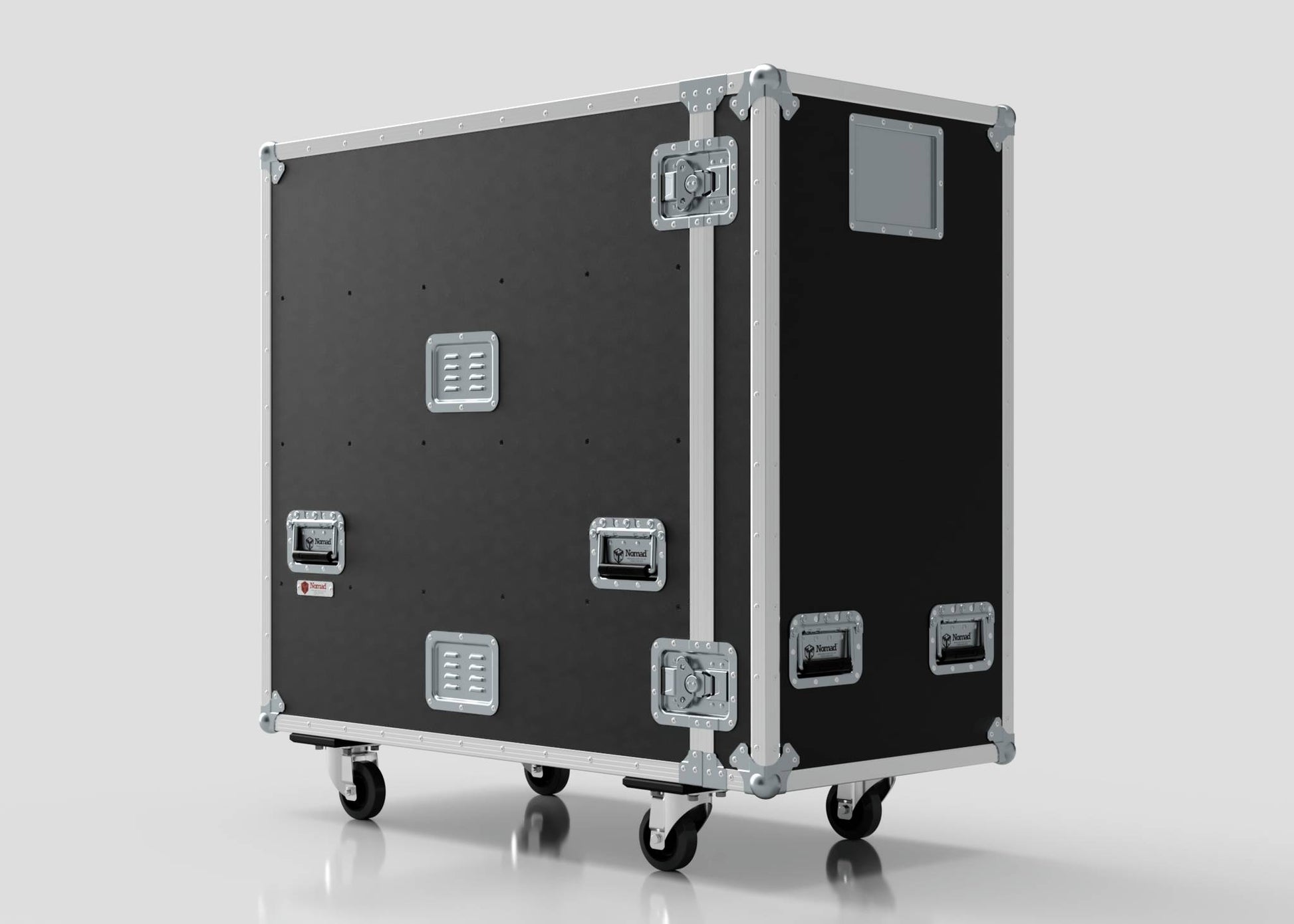 The 6 Way COLORado PXL Curve 12 Case is a large black road case with metal reinforcements, handles, and caster wheels for transporting equipment. External dimensions: 1220 x 600 x 1169 mm.