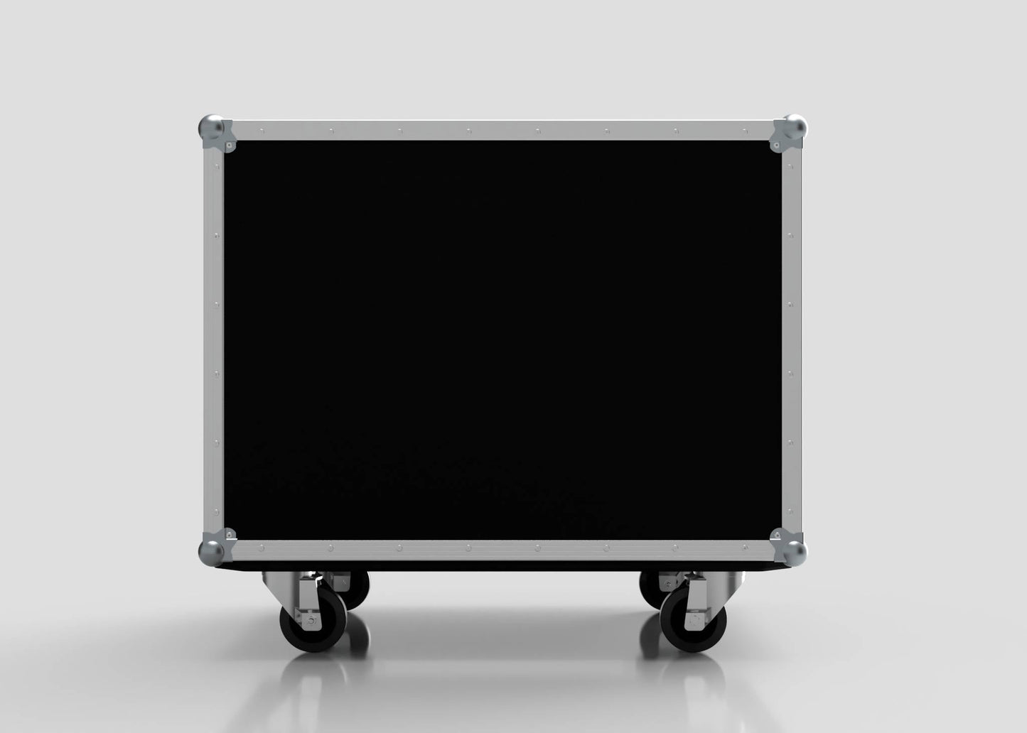 The 6 Way Euro Crate Case is a large black rectangular equipment case with metal edges and four caster wheels, designed for high load capacity, shown on a plain light background.