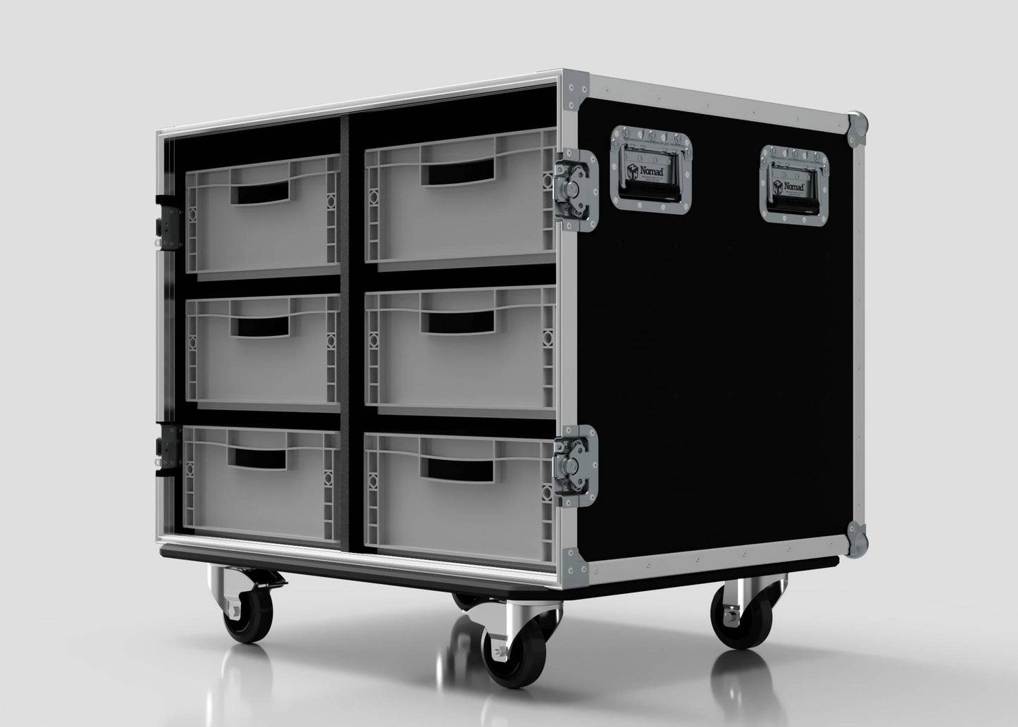The 6 Way Euro Crate Case is a black and silver rolling storage unit with six gray food-grade polypropylene pull-out drawers and metal handles, shown against a plain light background.