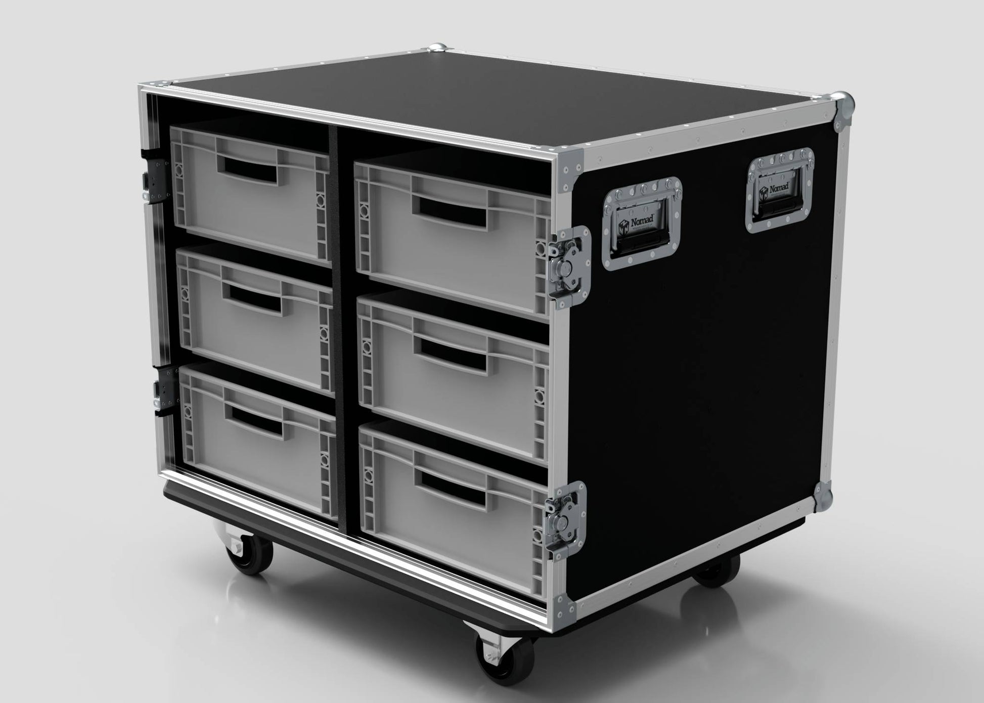 The 6 Way Euro Crate Case is a black rolling storage case with metal edges, six grey food-grade polypropylene euro crates as pull-out drawers, and side handles, displayed on a white background.