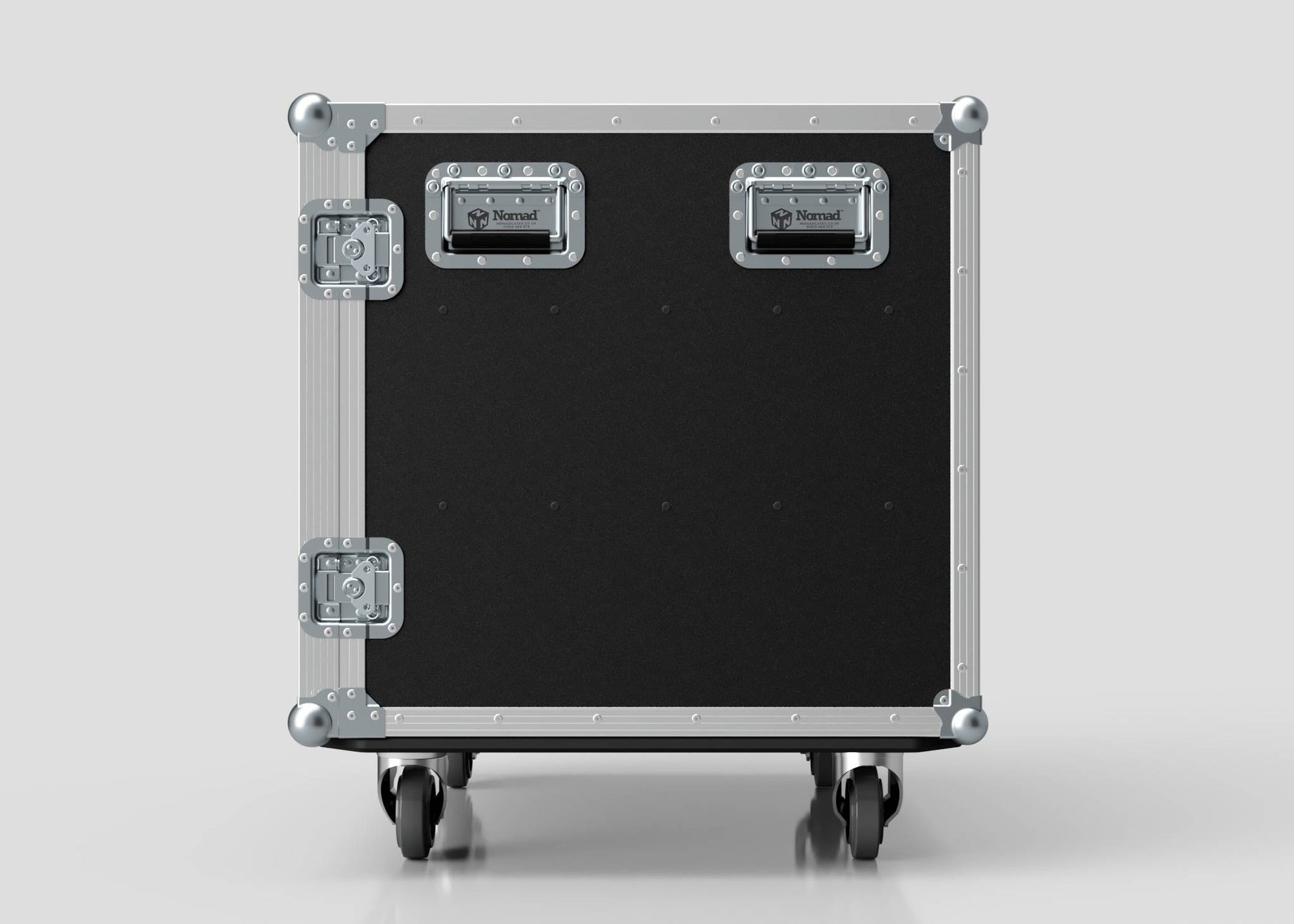 The 6 Way Euro Crate Case is a black road case with metal corners and trim, two handles, and four caster wheels, designed for high load capacity, shown standing upright against a plain background.